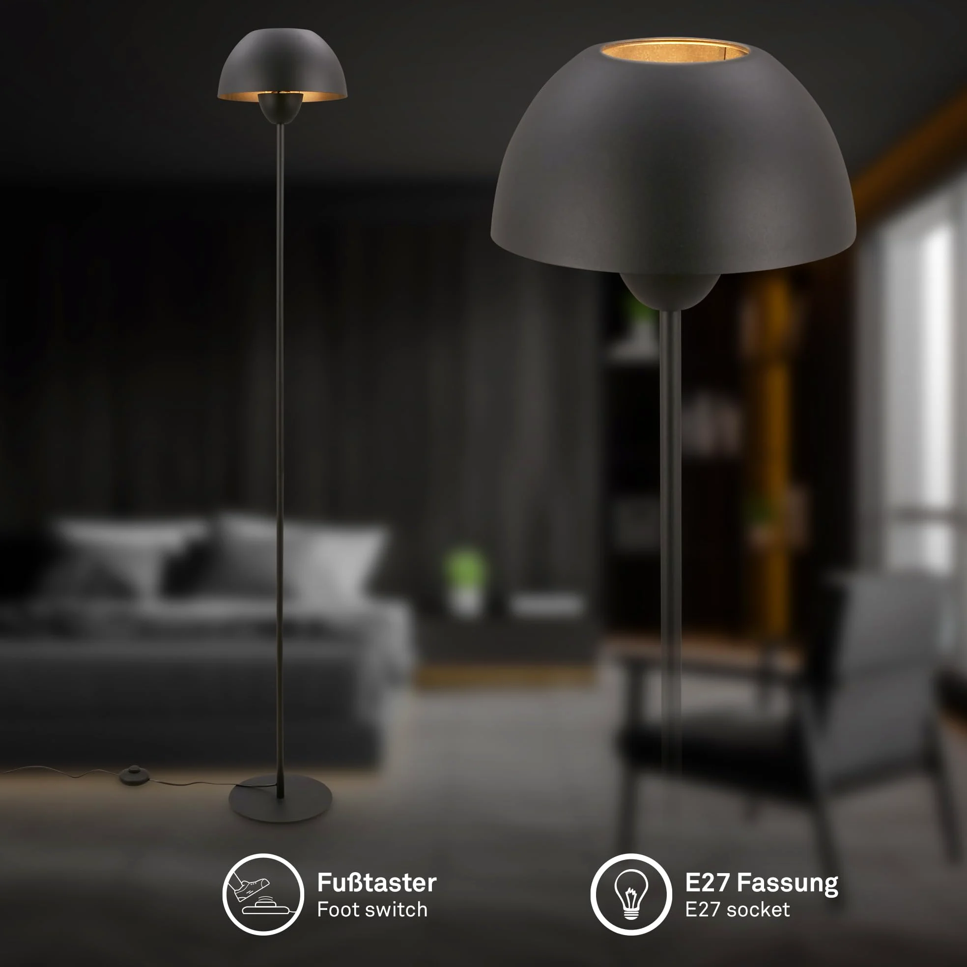 BRILONER - Lampada da terra con interruttore a pedale, attacco E27, max. 10W, piantana lampada da terra, lampada da terra salotto, lampada soggiorno da terra, 25 x 156,5 cm, nero