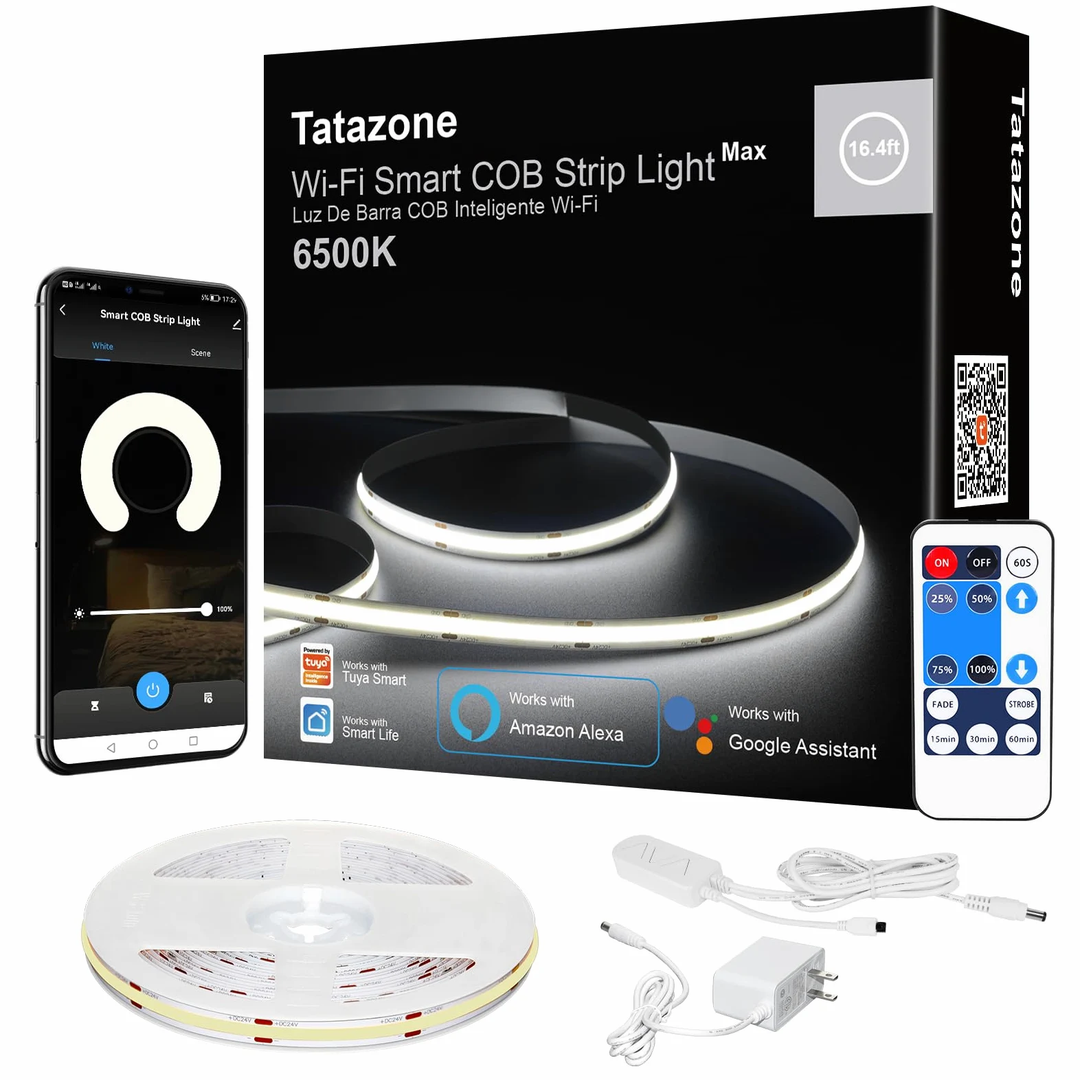 Tatazone Striscia LED COB WiFi da 5 m, 6500 K, con app e telecomando, compatibile con Alexa e Google, dimmerabile, luce bianca fredda, per interni, per scale, cucina, armadio