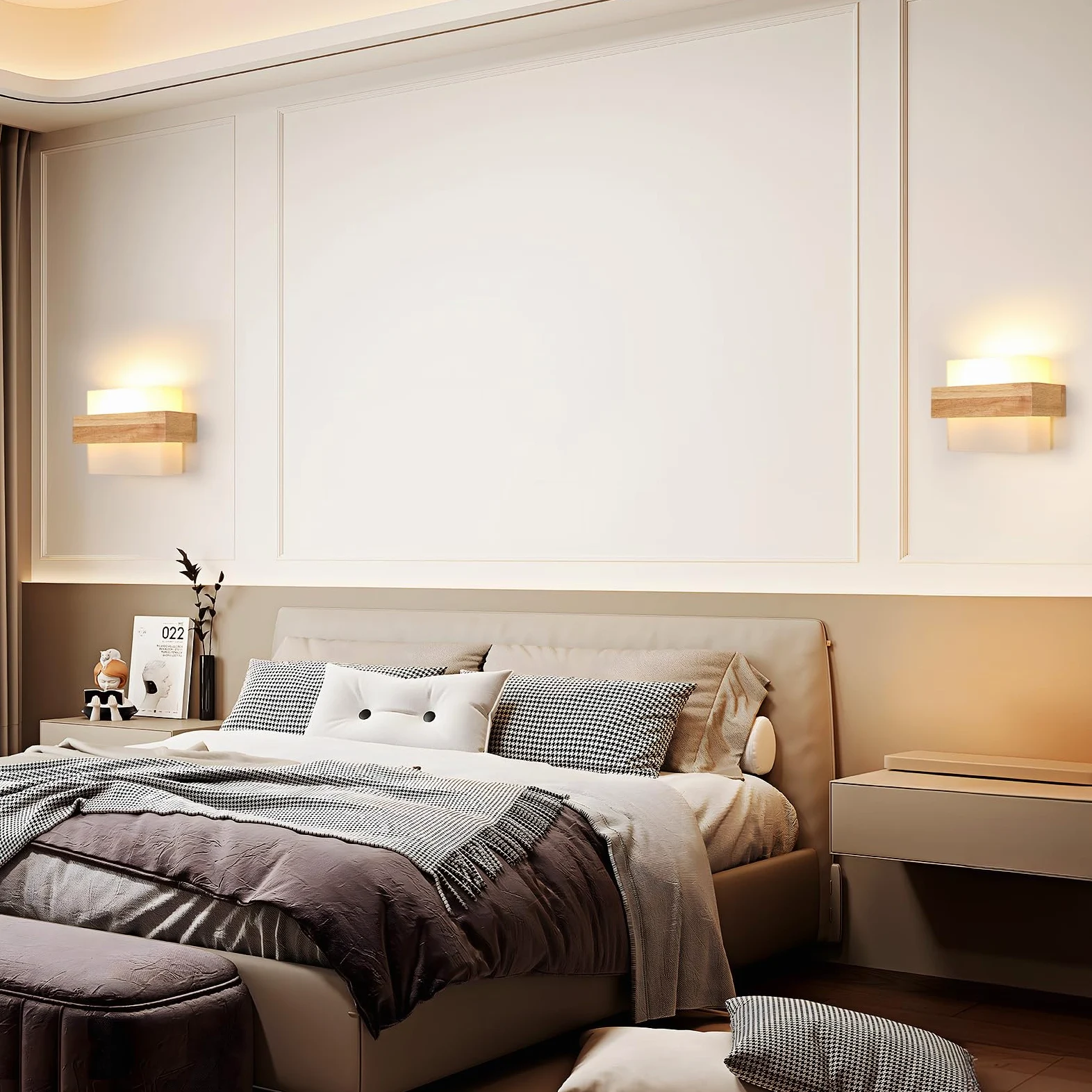 DELIPOP Applique da Parete Interno, Moderno Lampada da Parete Quadrato in Legno con Paralume in Vetro, E27 Illuminazione Interni Lampada a Muro per Camera da Letto Soggiorno Corridoio Scale