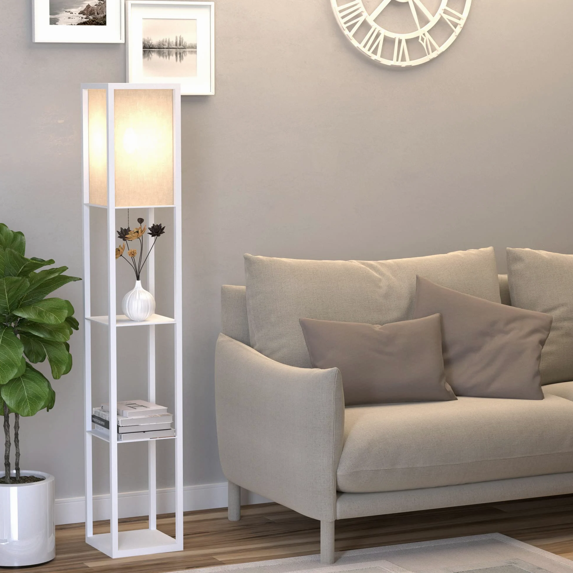HOMCOM Lampada da Terra con 3 Mensole Integrate, Attacco E27 Potenza 40W, Arredamento Moderno in MDF, 26x26x160cm, Bianco