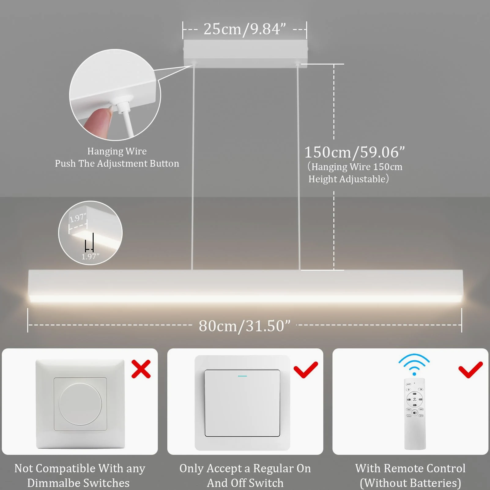 Klighten Led Lampada a Sospensione Da Tavolo Da Pranzo 80cm/24W, Dimmerabile 3000K-6000K Moderna Luce a sospensione Con Telecomando, 150cm Moderna Lineare Regolabile,per Cucina Soggiorno, Bianco