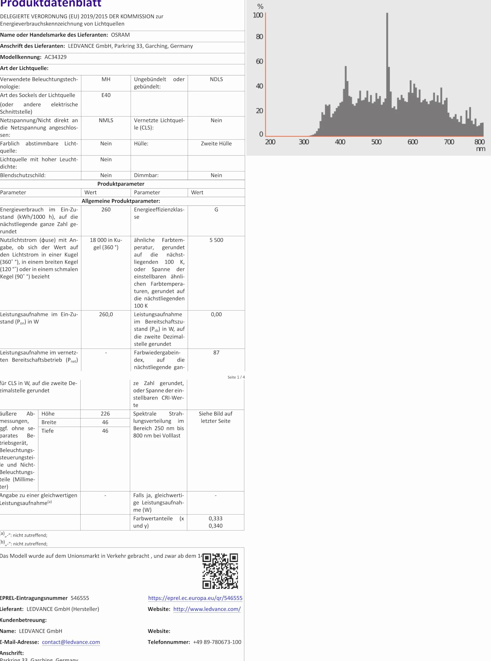 OSRAM lampada a scarica ad alta pressione POWERSTAR HQI-T, MH tecnologia quarzo apparecchi chiusi, HQI-T 250W/D PRO E40, 1 pezzo
