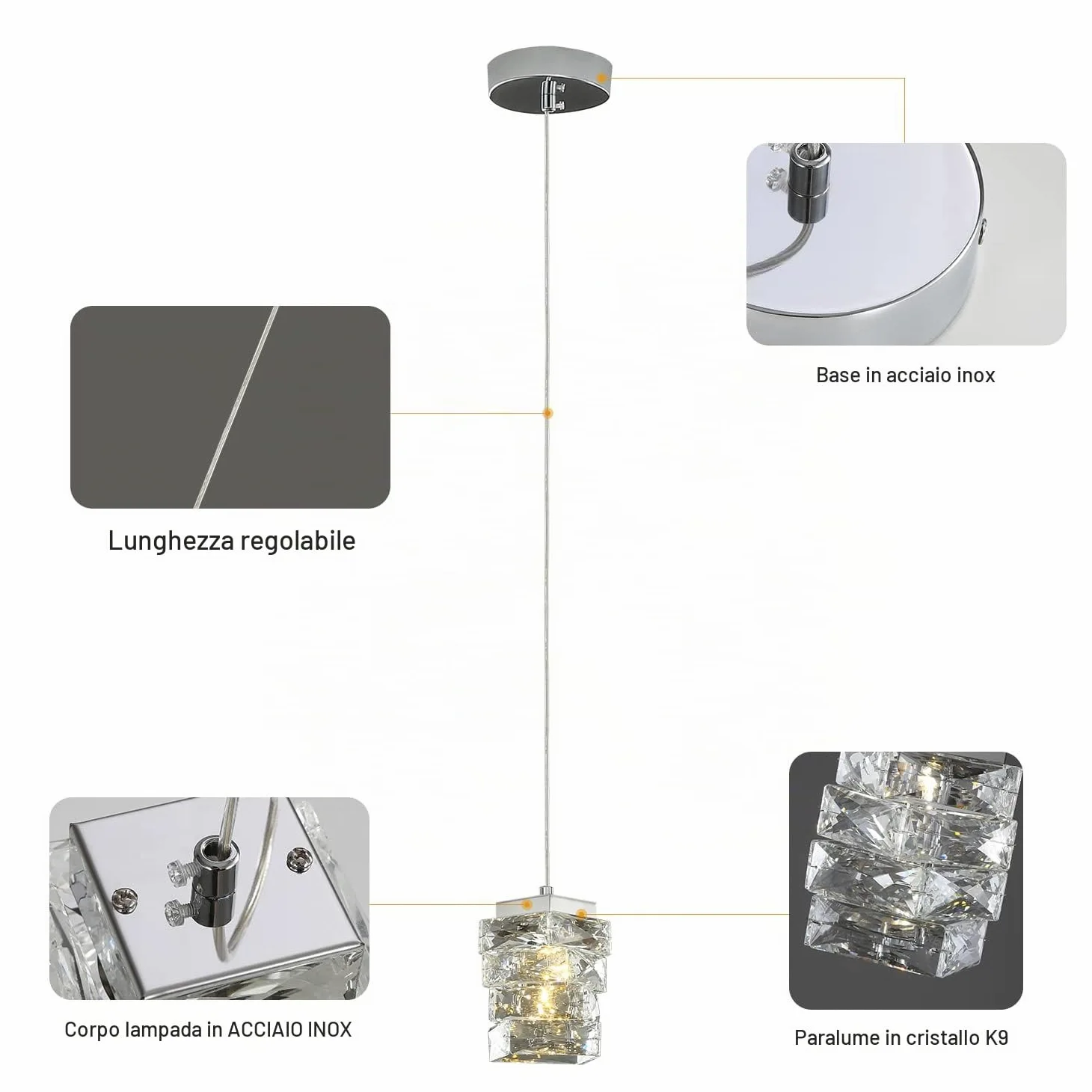 Moderna Lampada A Sospensione In Cristallo, 3 Colori Lampada A Sospensione A LED, Altezza Regolabile, Per Camera Da Letto Isola Della Cucina Sala Da Pranzo Corridoio (Argento)