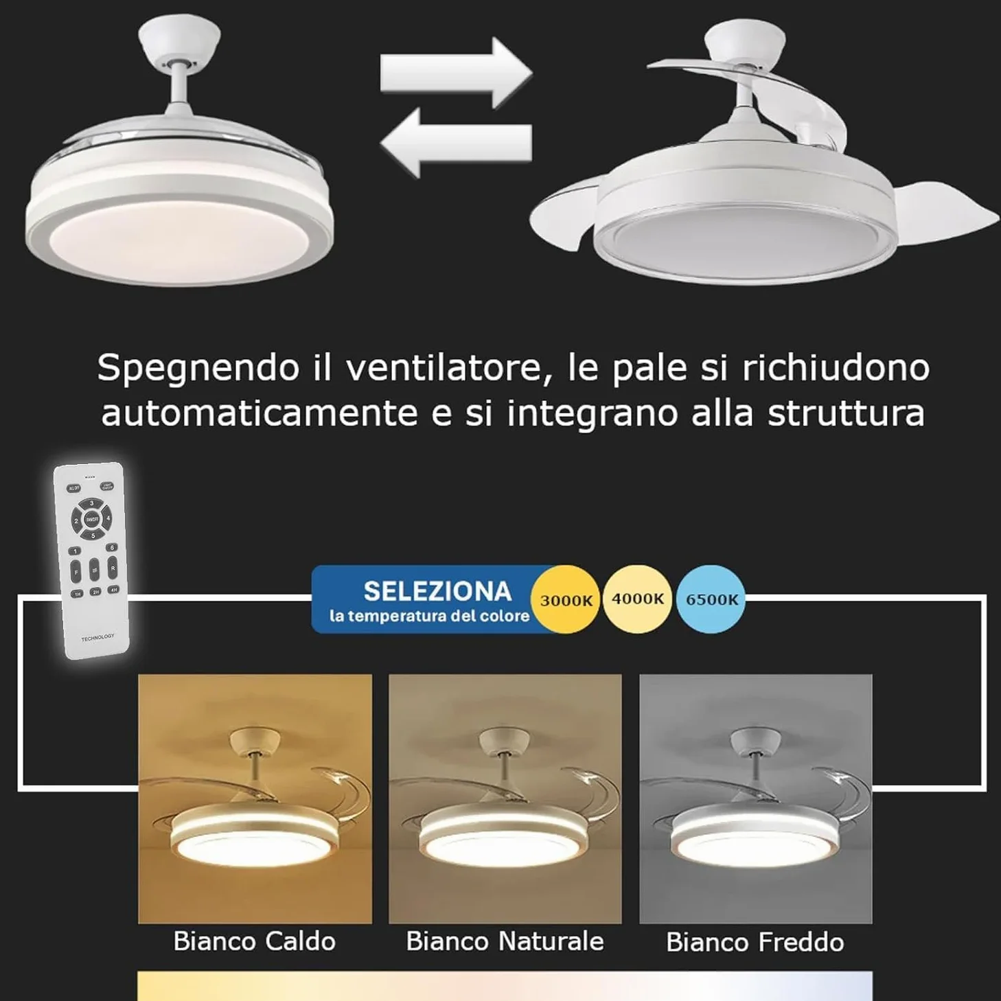 Lampadario Ventilatore da Soffitto CON PALE A SCOMPARSA Ø50 cm, Bianco luce CCT - Caldo/Freddo/Naturale,- in ABS, con 3 Pale, 85W LED (SJ-201)