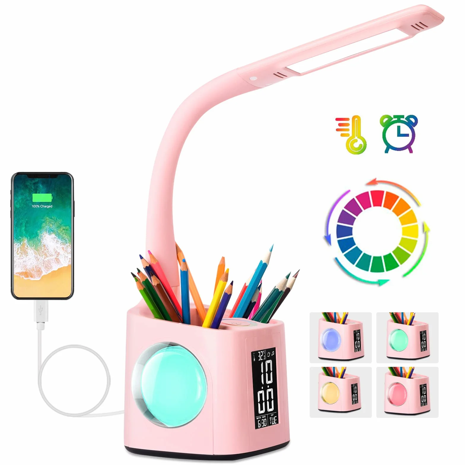 Lampada da scrivania a LED, lampada da scrivania per bambini con orologio, sveglia, calendario, termometro, RGB e portapenna, luce regolabile per proteggere gli occhi, lampada da scrivania per bambini