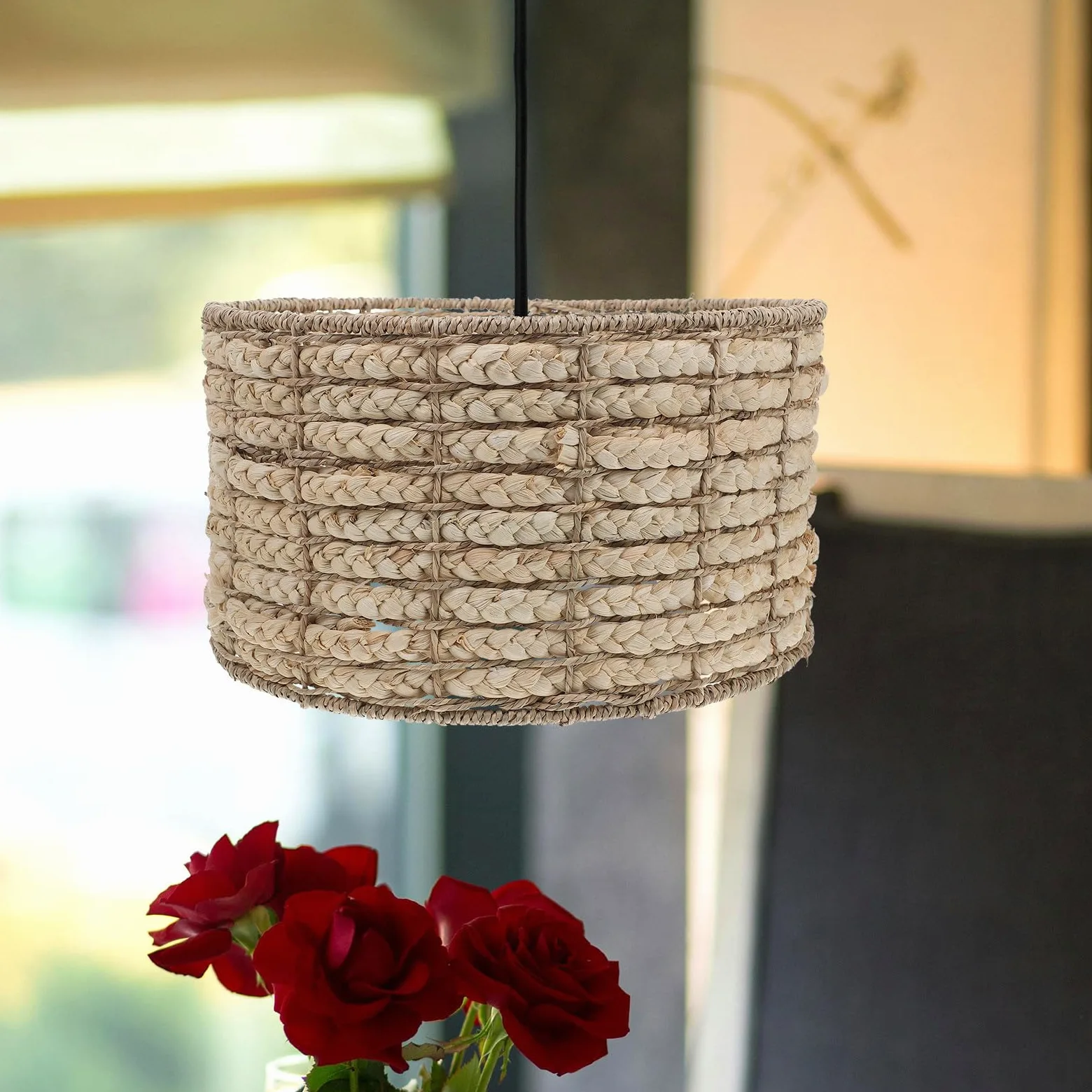 Paralume in Alga Marina e Ferro, Beige, Luce Soffusa, Stile Rustico Naturale, per Casa e Soggiorno, per Lampada a Sospensione e Decorazione Sala da Pranzo