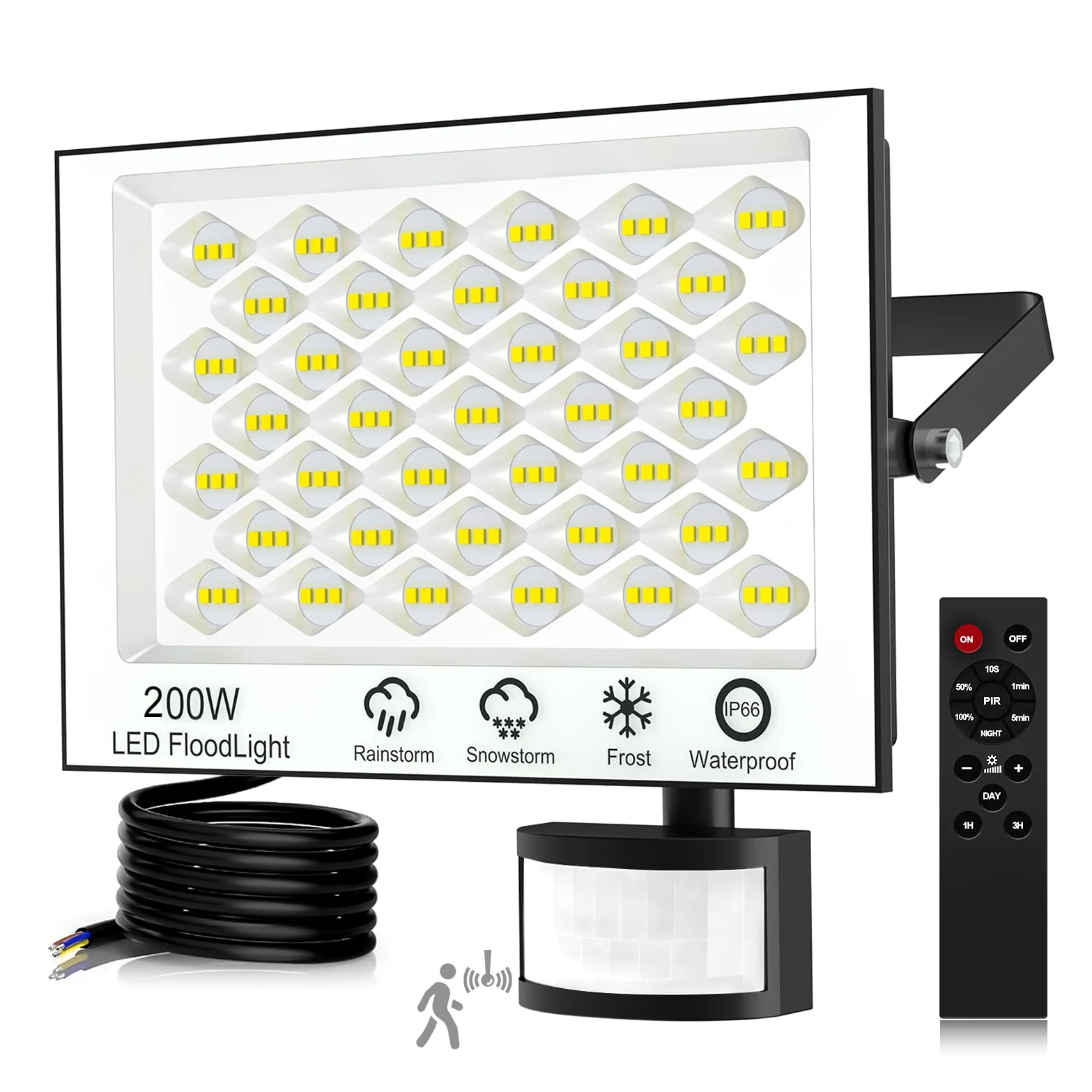 Viugreum 200W Faretto LED da Esterno con Sensore di Movimento, 20000LM 6500K Bianco Freddo Faretto LED da Esterno con Telecomando, IP66 Impermeabile Faro LED Esterno per Giardino Garage Garage
