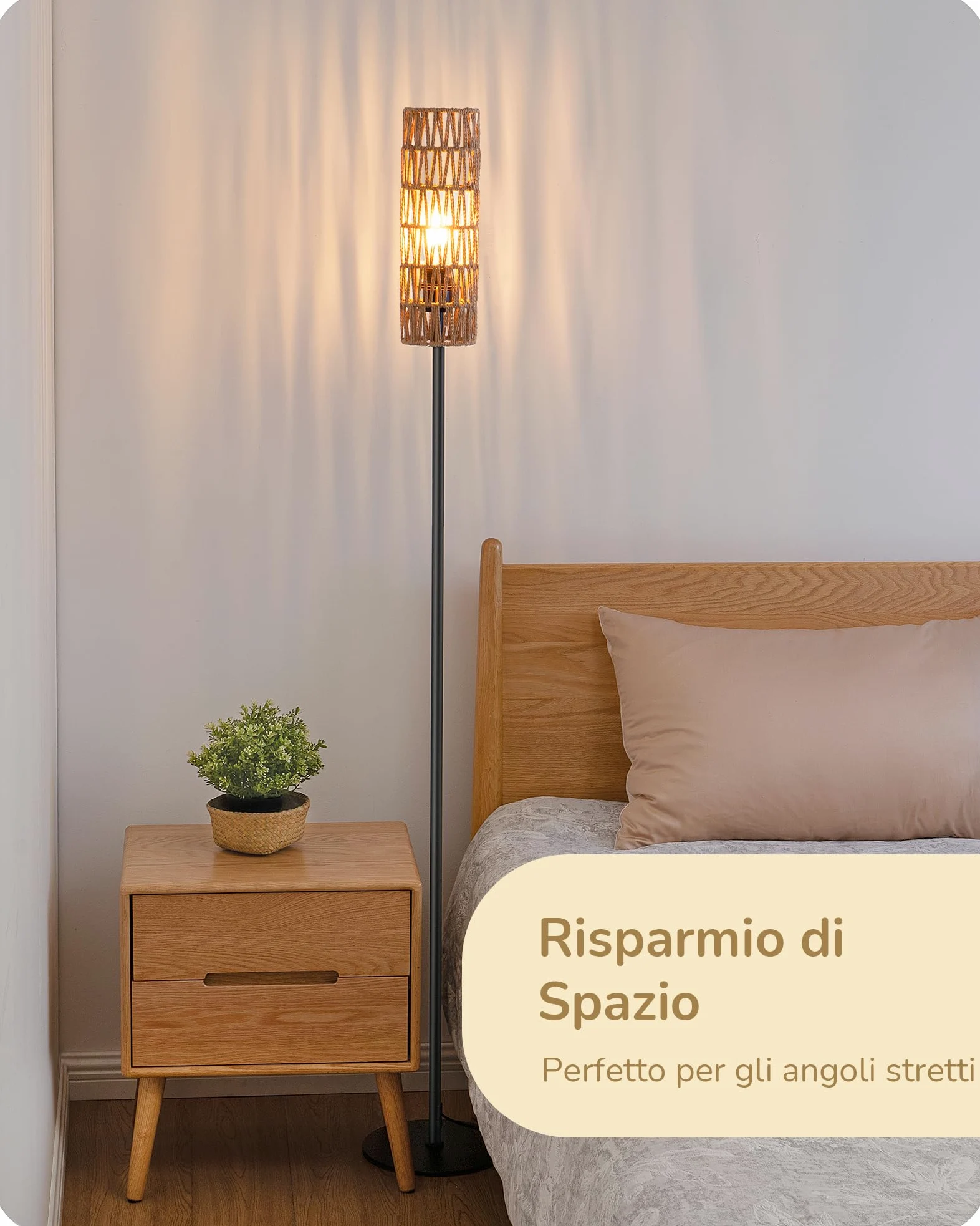 EDISHINE Lampada da Terra con Paralume in Corda Intrecciata, E27 Lampadina LED 2700K Luce Calda Inclusa, Interruttore a Pedale, Lampada da Terra Moderna per Soggiorno, Camera, Ufficio, 165 cm…