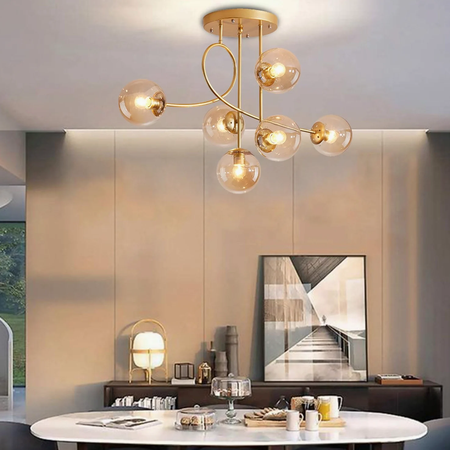 Lampadario moderno a soffitto E27 a 6 luci, lampadario a sospensione vintage in metallo con sfera di vetro E27 per camera da letto, soggiorno, cucina, loft, diametro 90 cm