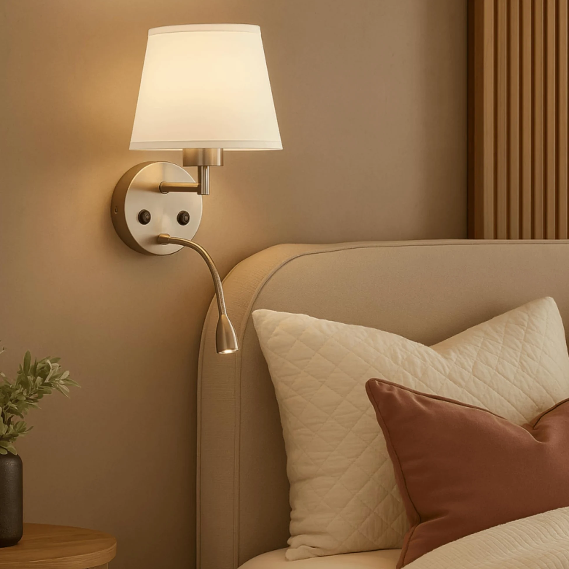 BarcelonaLed - Applique da parete E27 con faretto di lettura orientabile flessibile da 1 W, paralume in tessuto bianco, con 2 interruttore, per camera da letto, testiera del letto, comodino, salotto