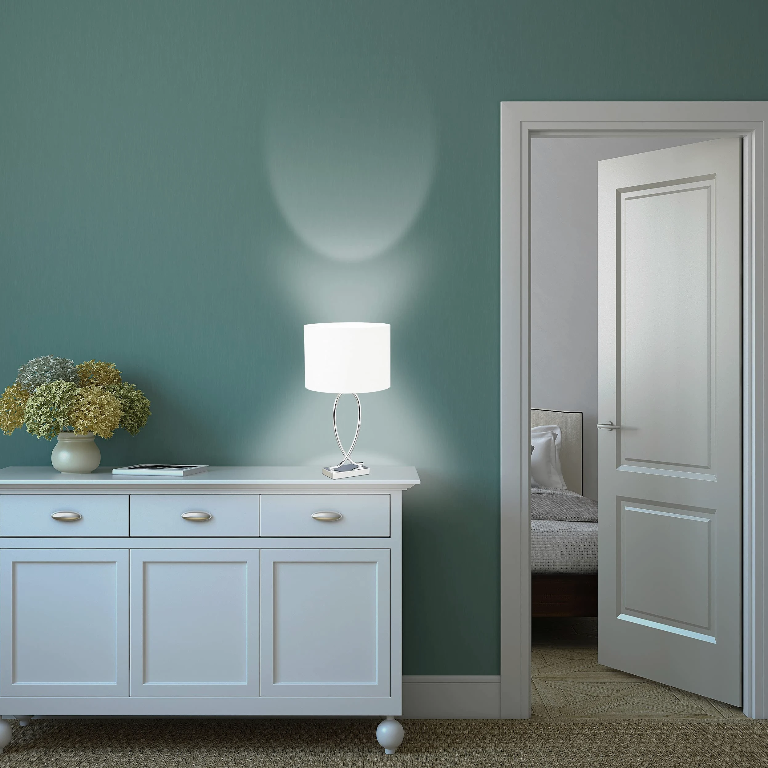 Relaxdays Lampada da tavolo comodino argento paralume tondo struttura ferro HLP: 51x28x28 cm bianco