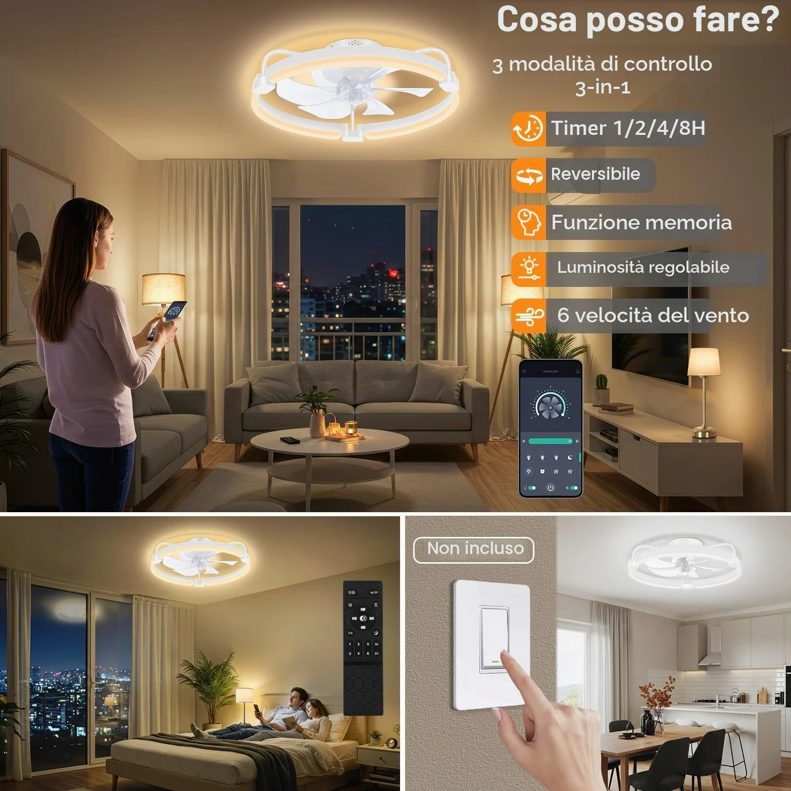 OUTON 50cm Ventilatore da Soffitto con Luce e Telecomando, 3000-6500K Dimmerabile, 6 Velocità Reversibili, Timer, Memoria, Lampada Ventilatore da Soffitto per Camera da Letto Soggiorno Cucina, Bianco