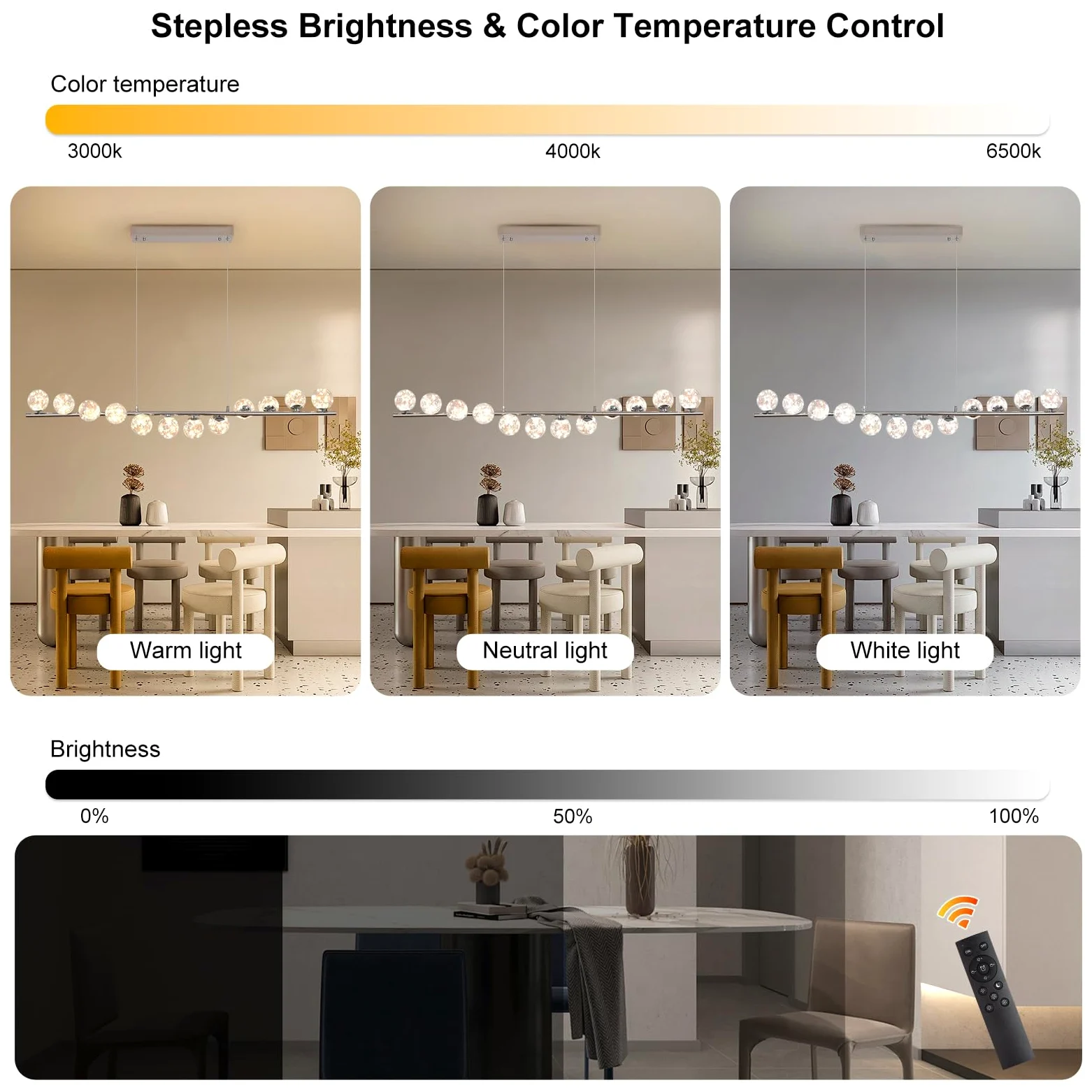 GEADI LED Lampadario Cromato, 120CM Lampada a Sospensione Moderna per Tavolo da Pranzo con 12 Globi di Vetro, Plafoniere a Soffitto Regolabile, Lampadari Lungo per Sala da Soggiorno, Cucine, Salotto