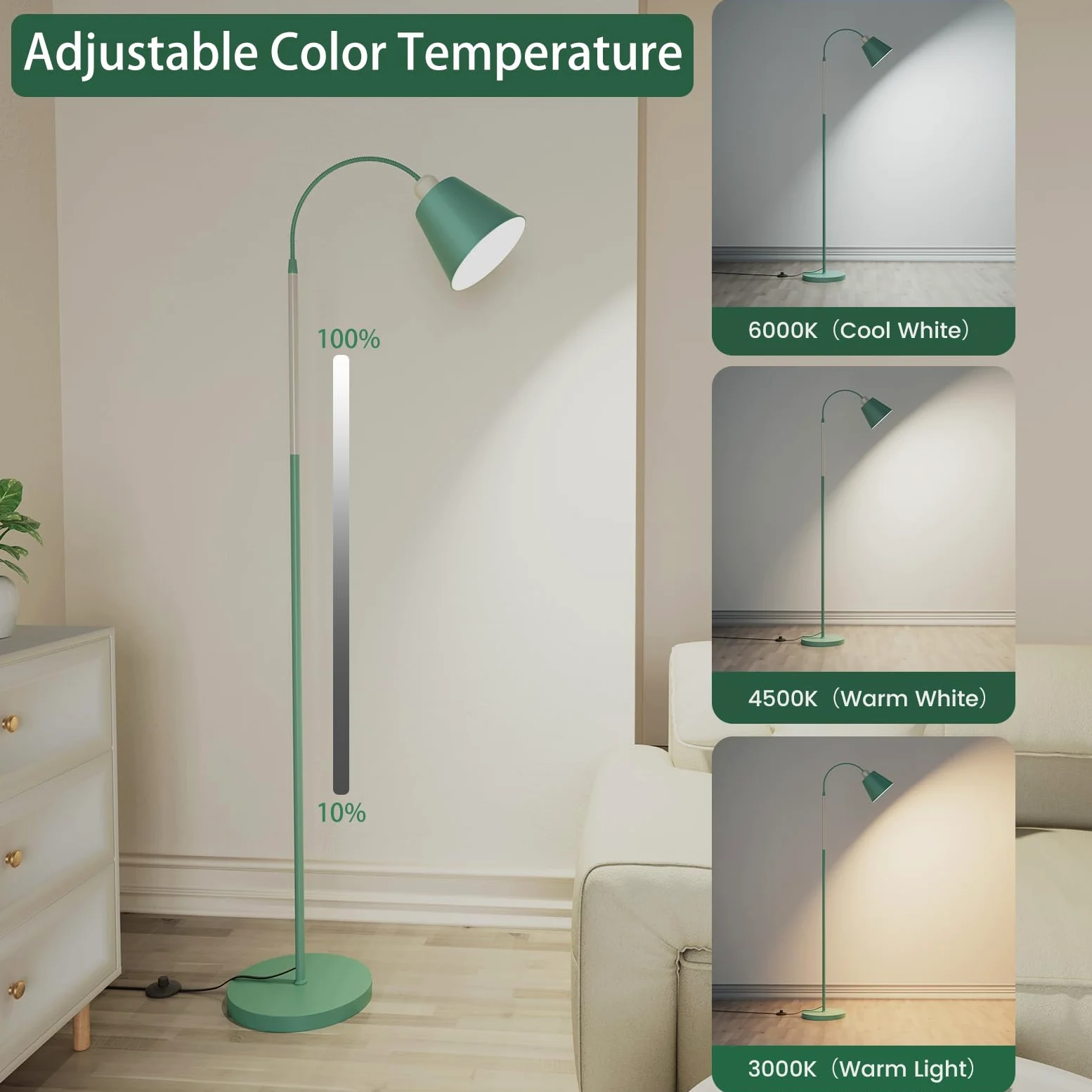 SIBRILLE E27 Lampada da Terra Dimmerabile, con Telecomando, max 60W 3000K-6000K, Altezza 168 cm Lampada da lettura con Testa di luce flessibile per Soggiorno e Studio con Lampada a LED (Conico)