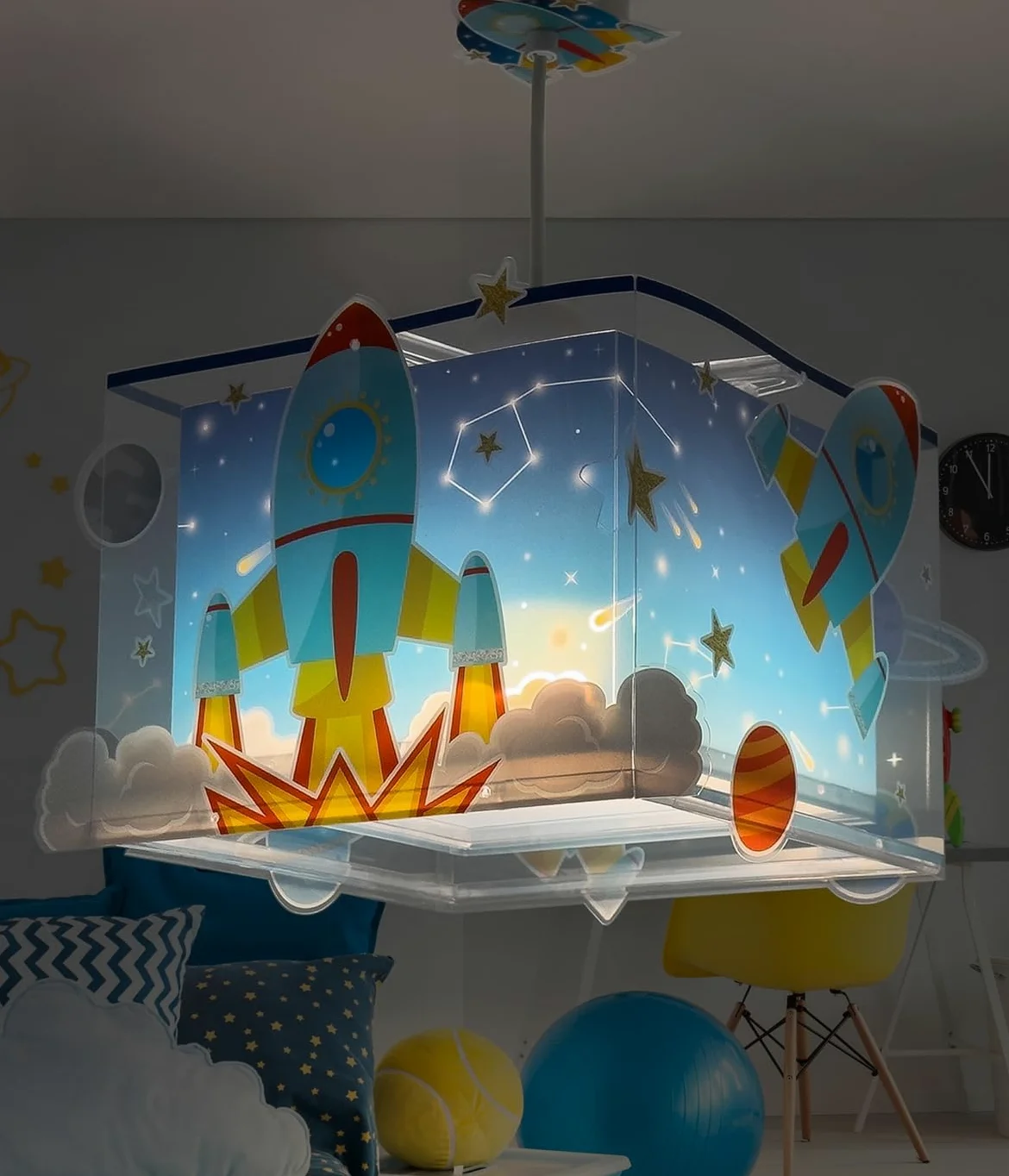 Lampada a sospensione per bambini Dalber Rocket, razzo spaziale e sistema solare, 63352M, attacco E27, lampade per bambini, cameretta per ragazzi.