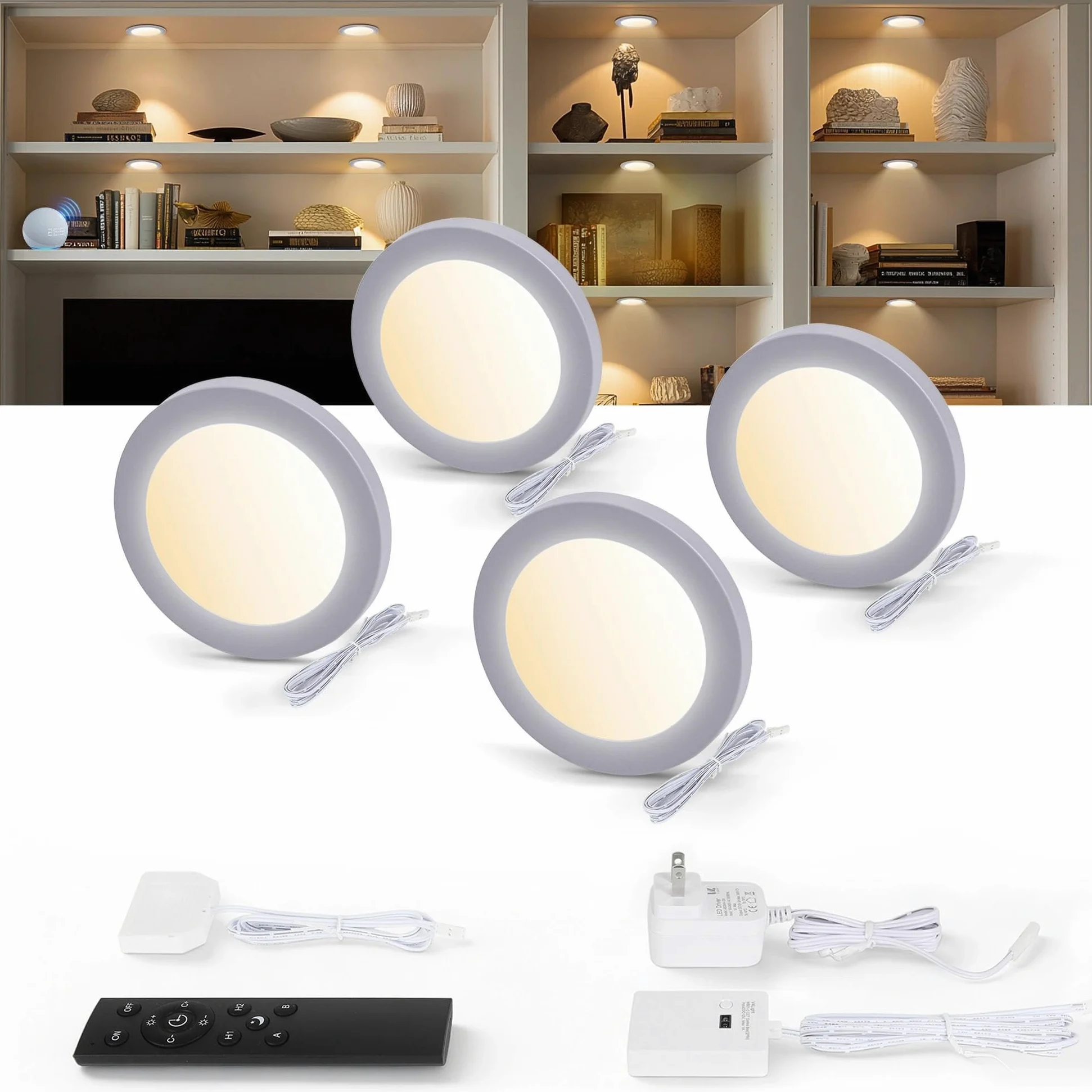 V4light Puck Smart Plug Lights, illuminazione sotto armadio per cucina, controllo app, voce e gesti, compatibile con Alexa e Google Home, luce dimmerabile calda a freddo, confezione da 4