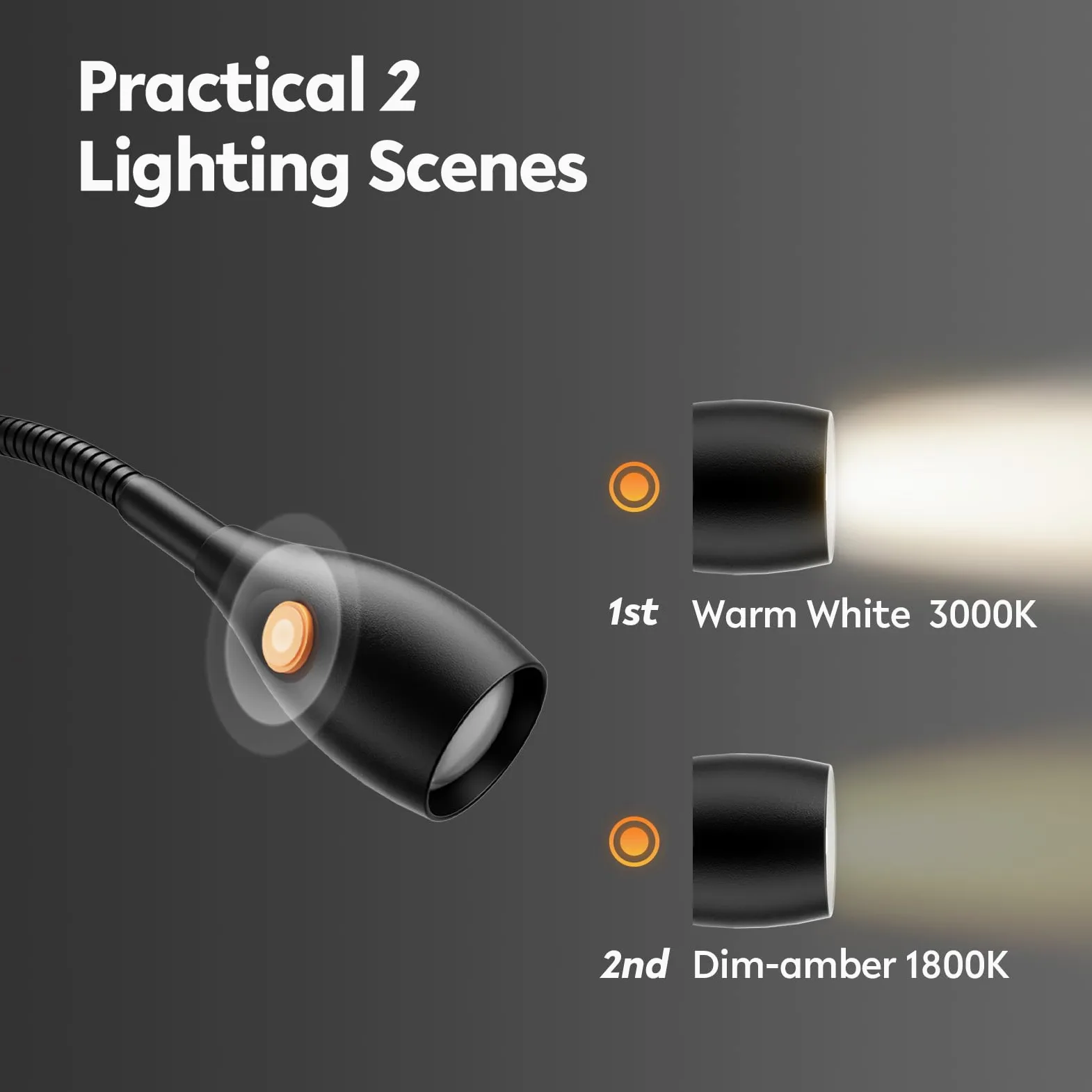 acegoo Lampada da lettura da parete, metallo luce da comodino libro dimmerabile 3000K/ambra, testa della lampada girevole, con interruttore flessibile collo d'oca nero (1 pack)