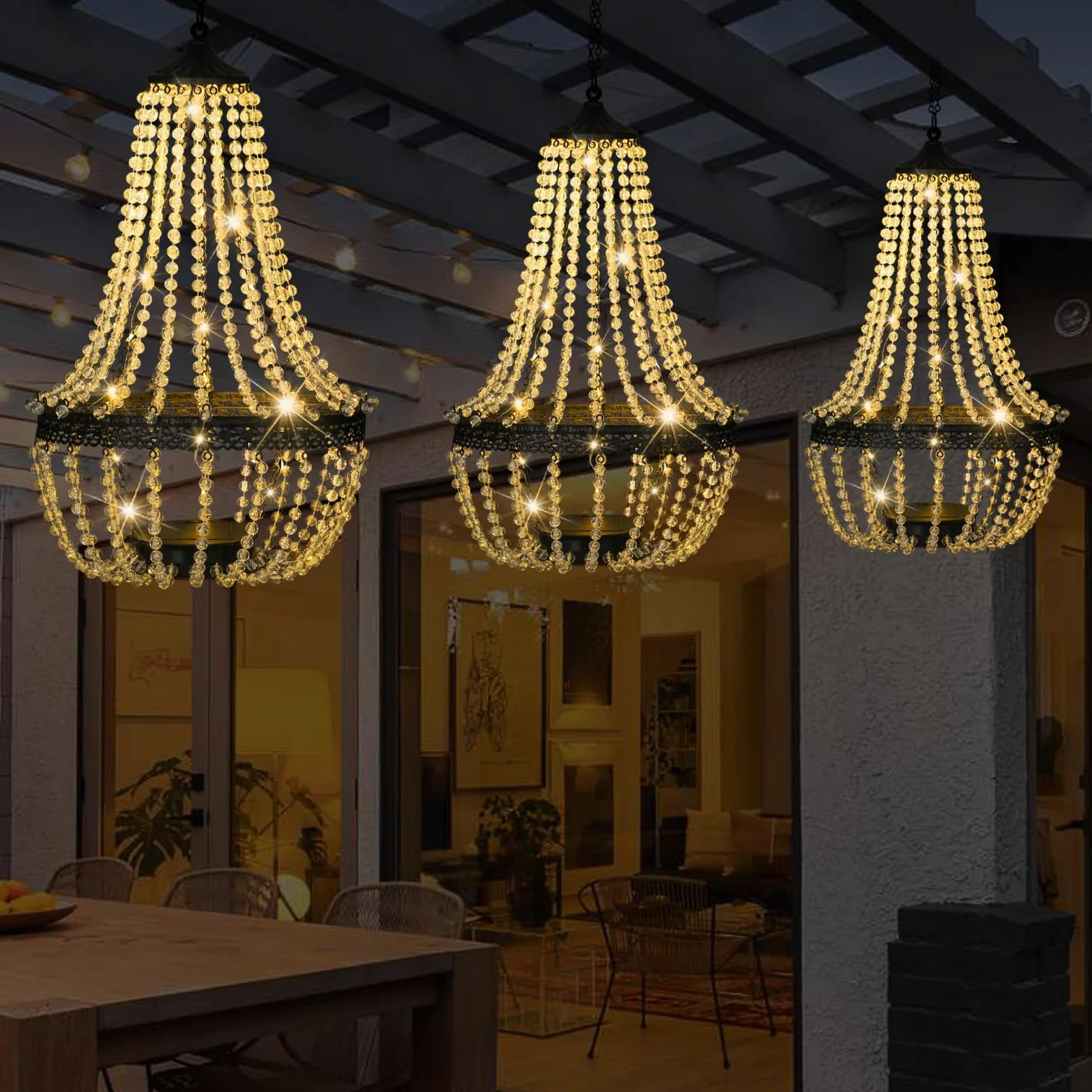 Lampadario solare sospeso per esterni, 30 luci bianche calde, lampadario in perline acriliche con ganci a S, lanterna moderna per decorazioni da giardino, cortile, patio, gazebo, 71 cm di altezza