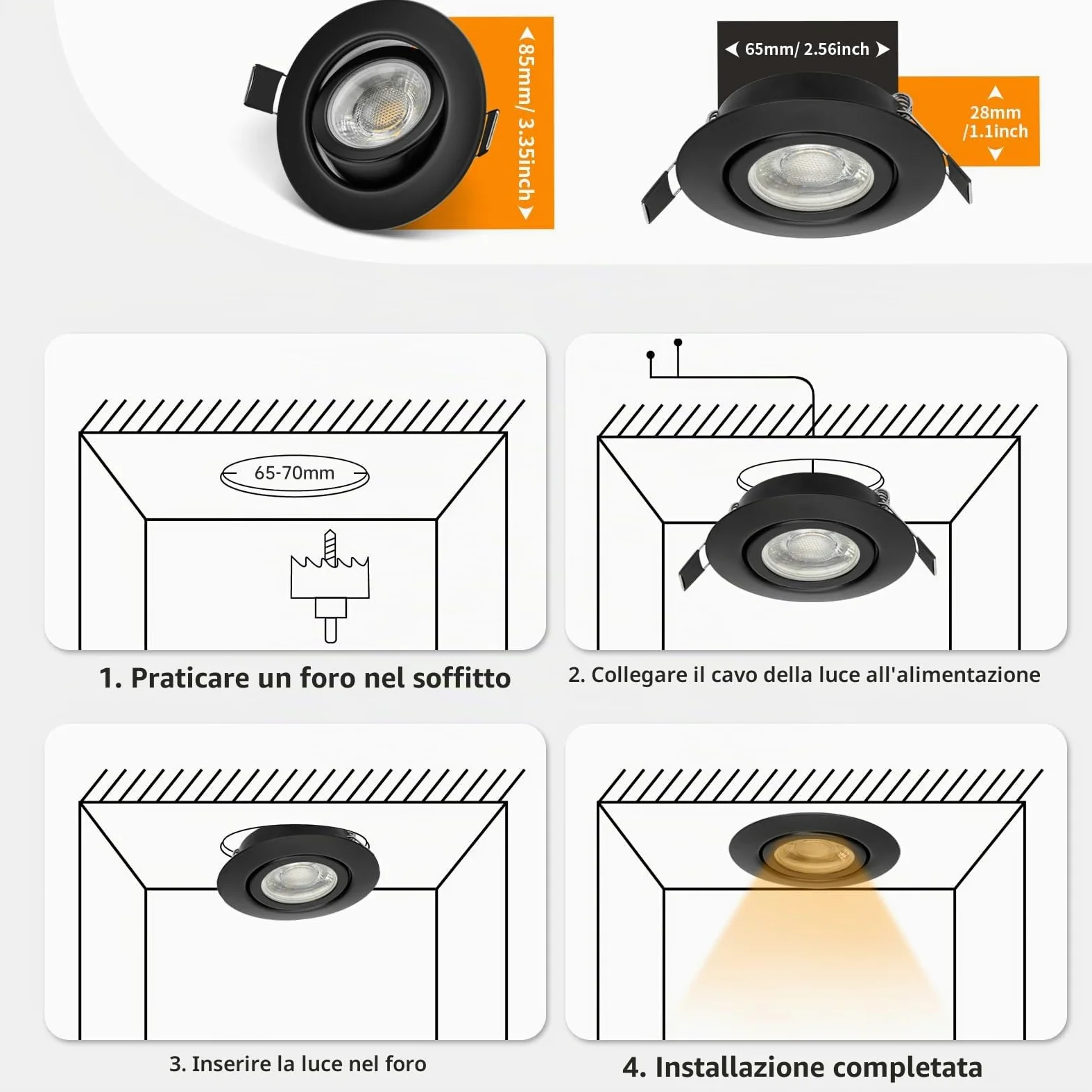 wowatt 10x Faretti Led da Incasso per Cartongesso Nero 5.5W Dimmerabili | 2800K Luce Calda 600LM Luci da Soffitto Interno IP44, Metallo Faretto led incasso Ultrasottili, Faretti Foro 68mm para Bagno