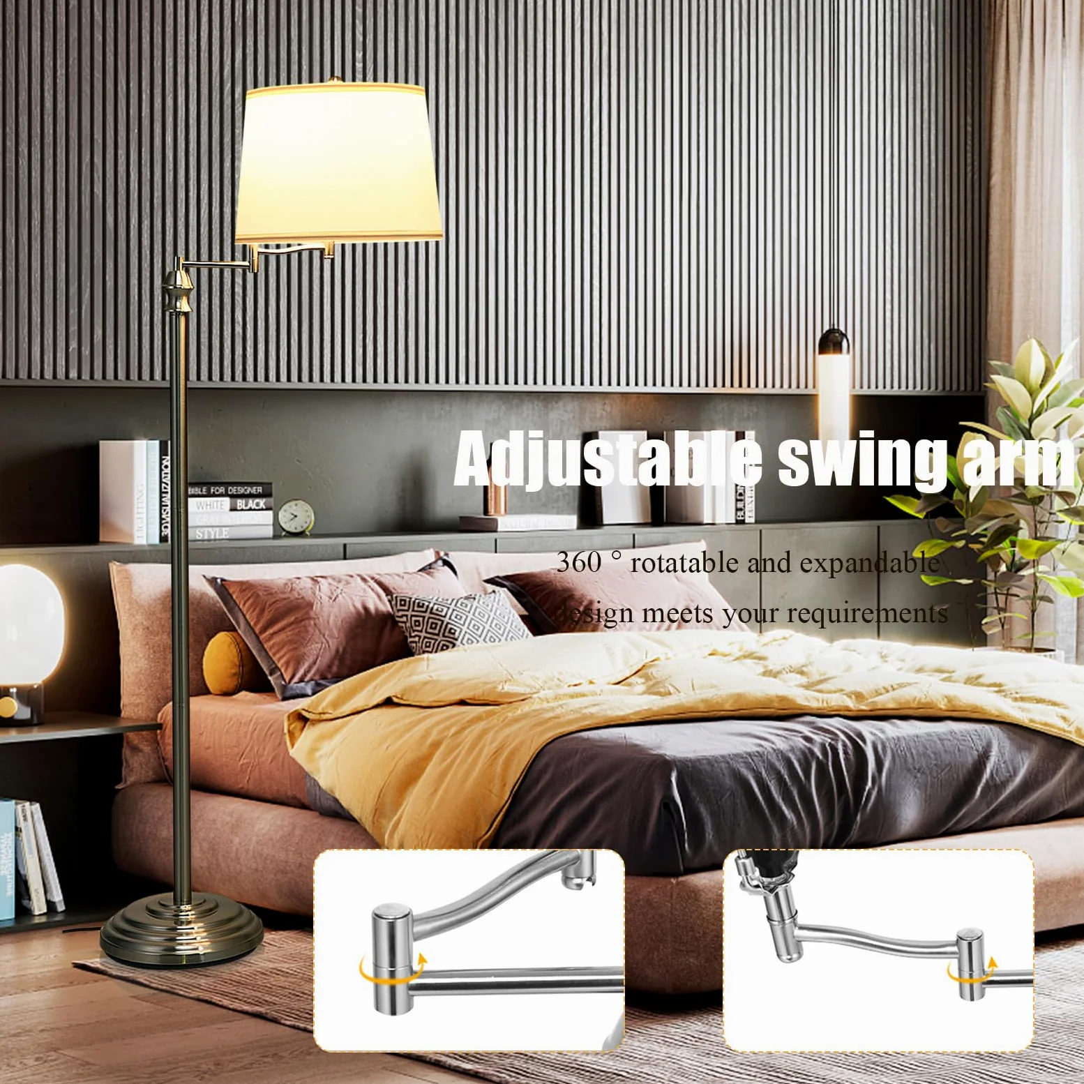 HOMASIS Lampada da Terra, Lampada da Piantana, Lampada Girevole ed Estensibile con Paralume Beige in Tessuto e Base Stabile in Ferro, Senza Lampadina, E27,40W, per Salotto, Studio, 28,5 x 152 cm
