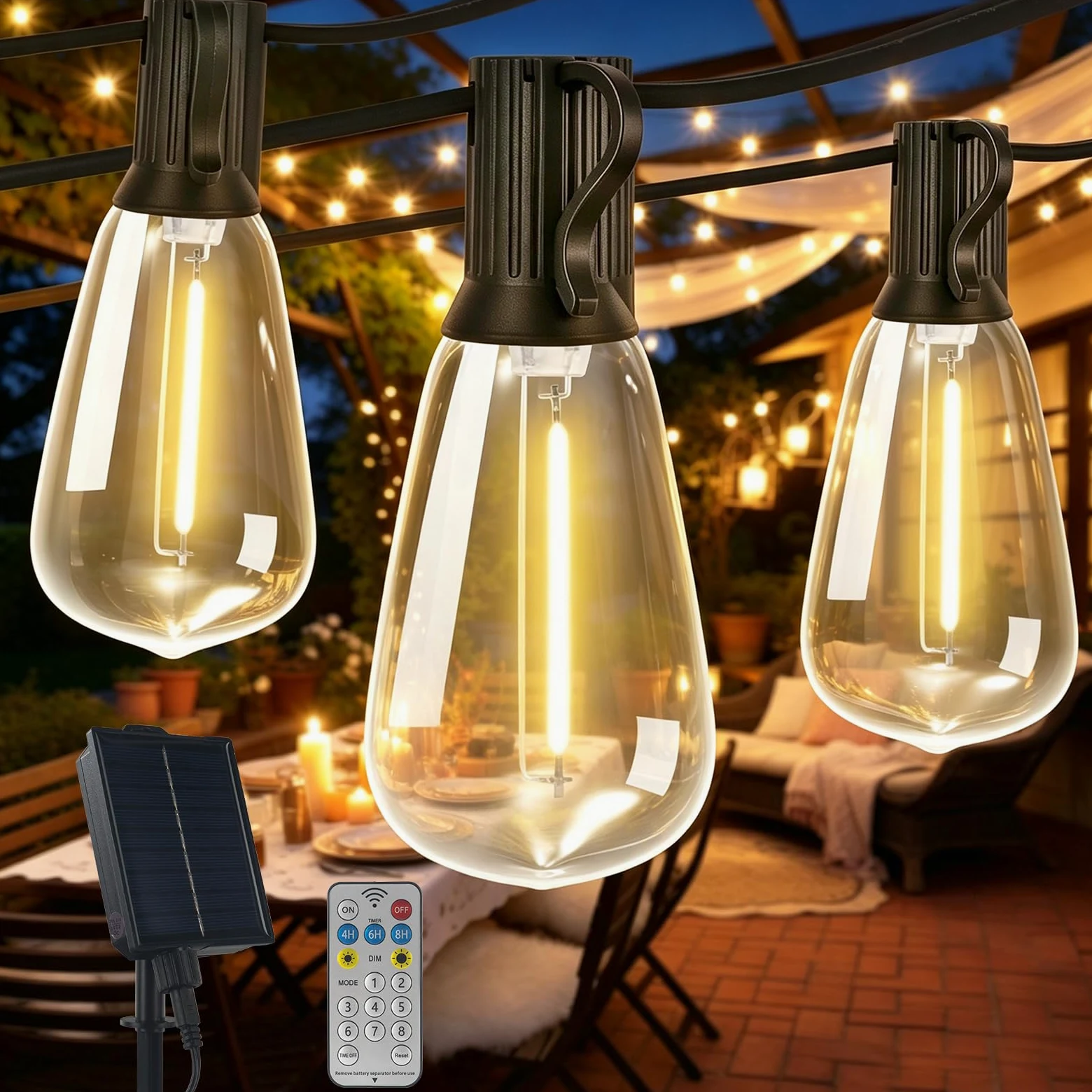 DGE Luci solari a festone per esterni, 25 m, impermeabili, con 8 modalità e 30 + 3 lampadine ST38, infrangibili, IP65, impermeabili, per esterni, gazebo, cortile, balcone, feste