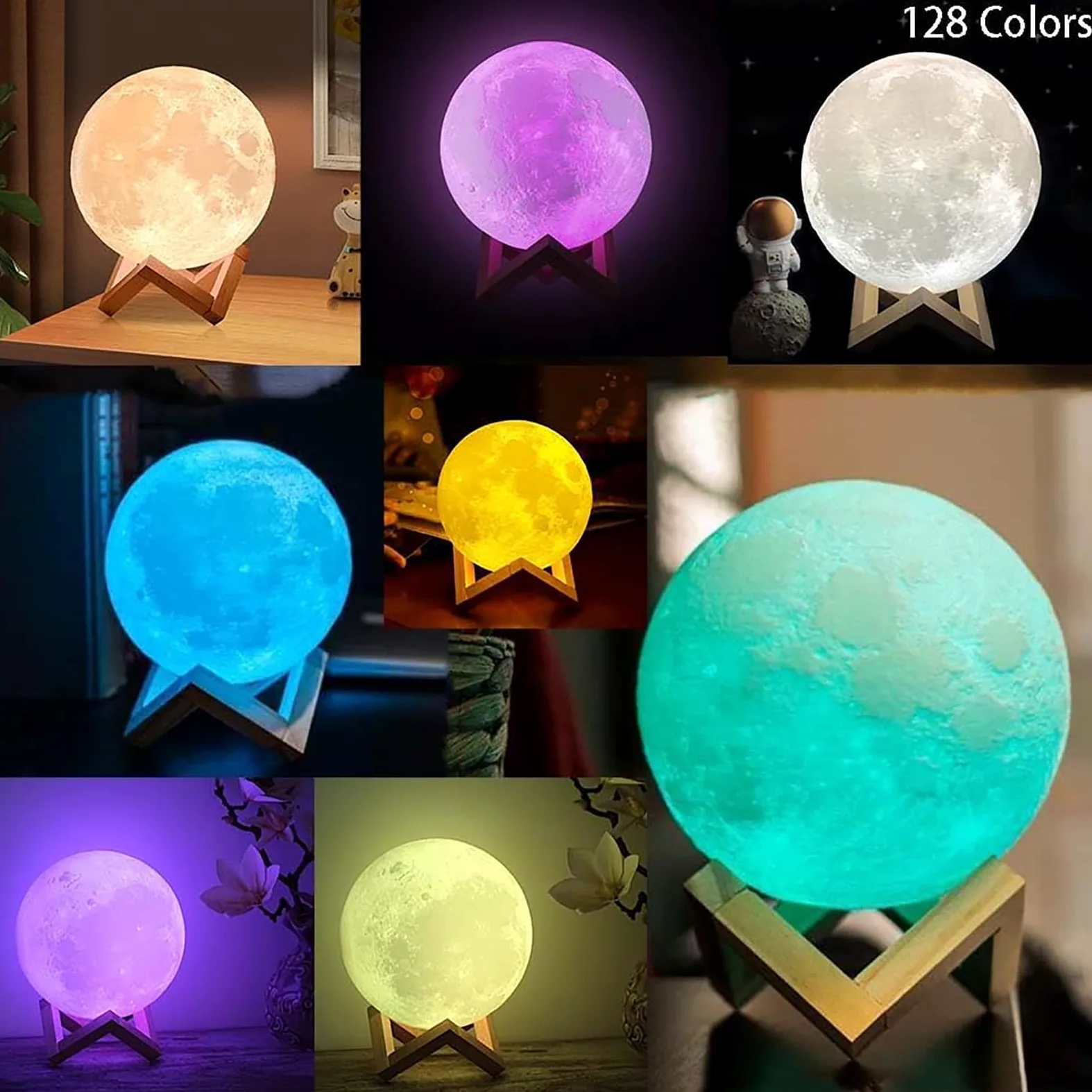 Lampada notturna 3D a forma di luna, con telecomando e controllo touch, ricaricabile tramite USB, funzione di temporizzazione, 16 colori, supporto in legno