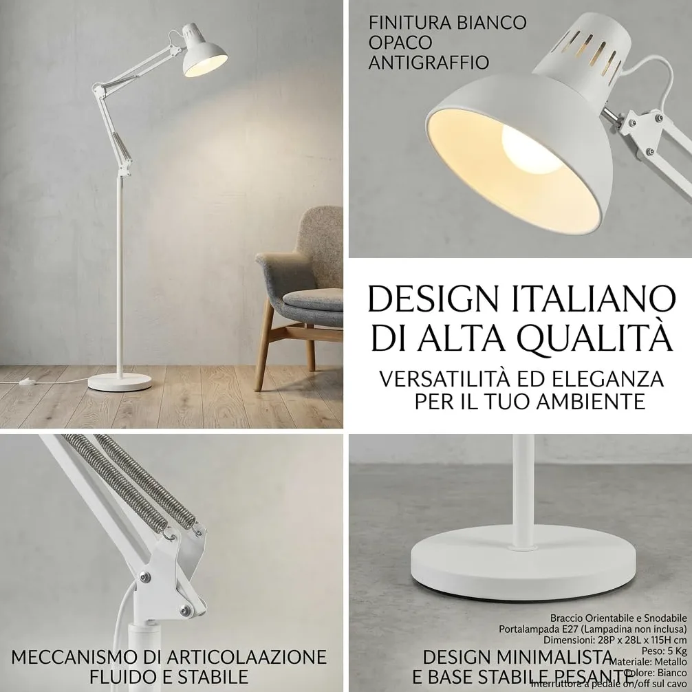 MAKA Lampada da Terra Moderna Piantana per Soggiorno Luce Lettura Orientabile Metallo Presa E27 Lampada da Ufficio Design Minimalista Illuminazione Interni Base Stabile 28x28x115cm 5kg (Bianco)