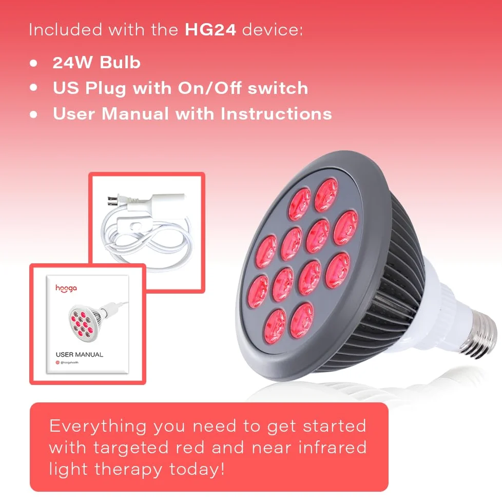 Red Light Therapy by Hooga with Power Cord.Red 660nm Near Infrared 850nm. 12 LED High Irradiance, Combo Treatment for Skin, Pain Relief, Anti Aging, Muscle Recovery, Performance HG24.