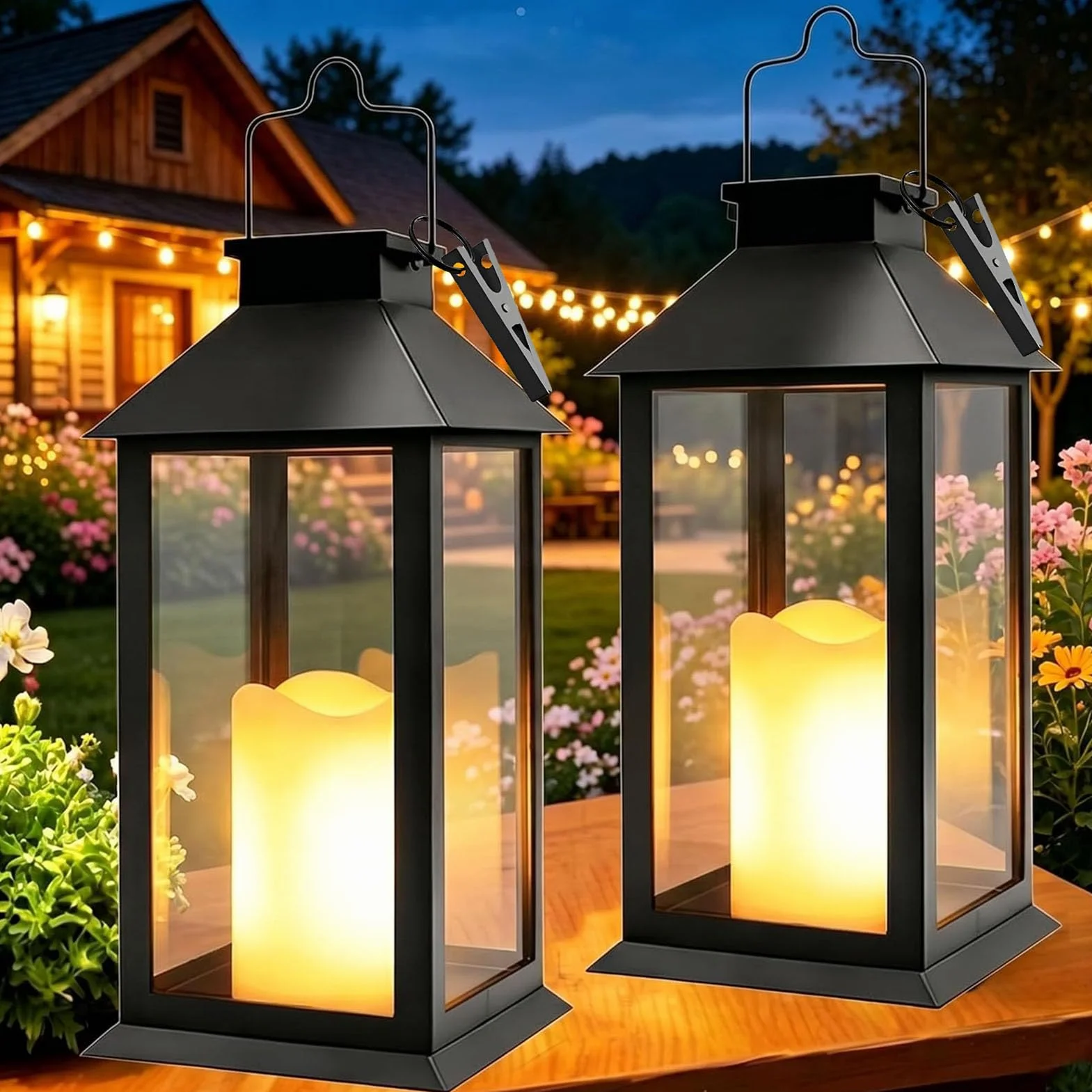 Yowin Lanterne da Esterno 2 Pezzi Lanterna Solare da Giardino con Candele Tremolante, Lampada Solari da Appendere Impermeabile Lampade da Tavolo per Arredo Giardino Terrazzo Balconi Decorazioni