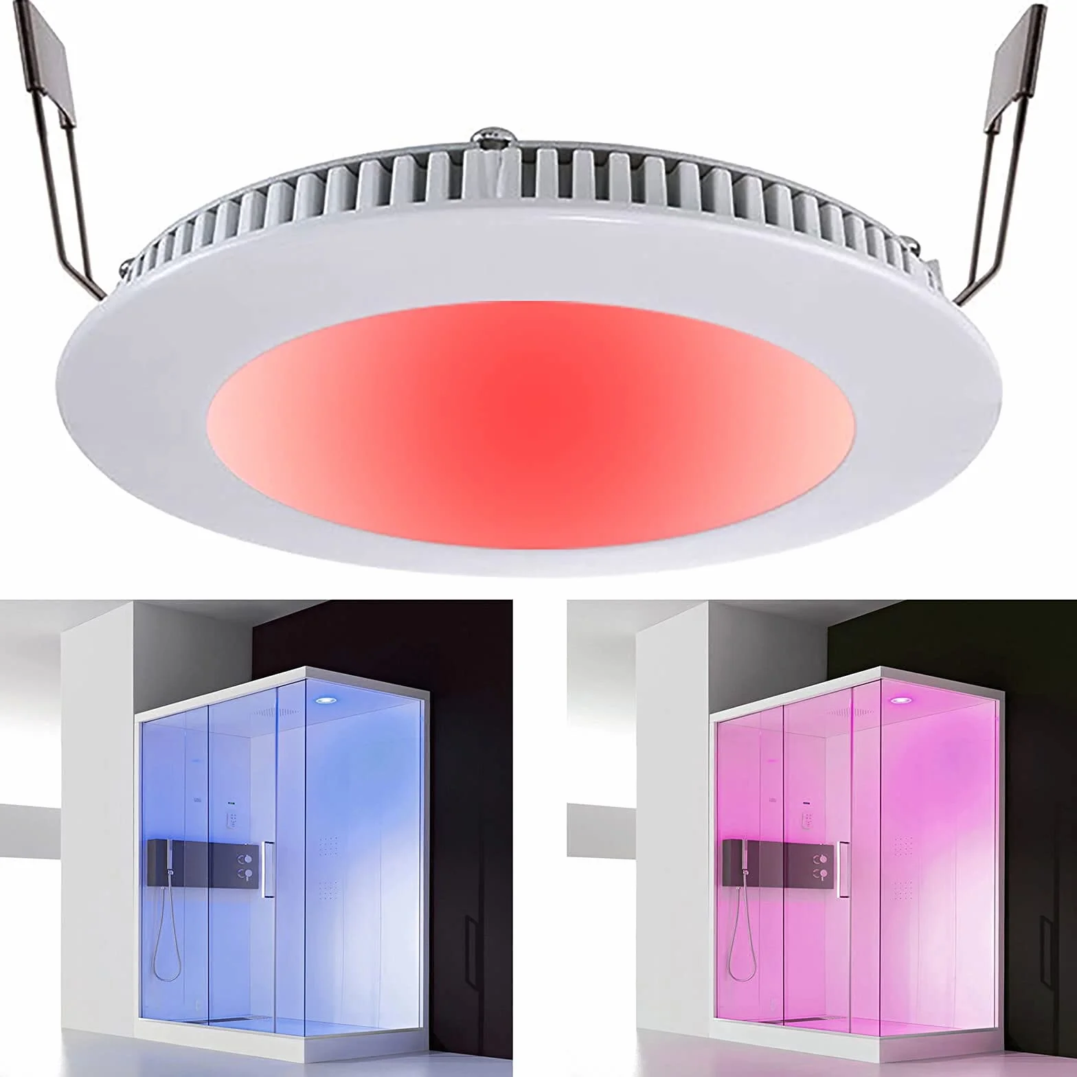 Planetitaly KIT cromoterapia faretto incasso pannello slim LED 8W RGB 3000K multicolore 24V WiFi telecomando box doccia controllo vocale APP smartphone foro 13cm