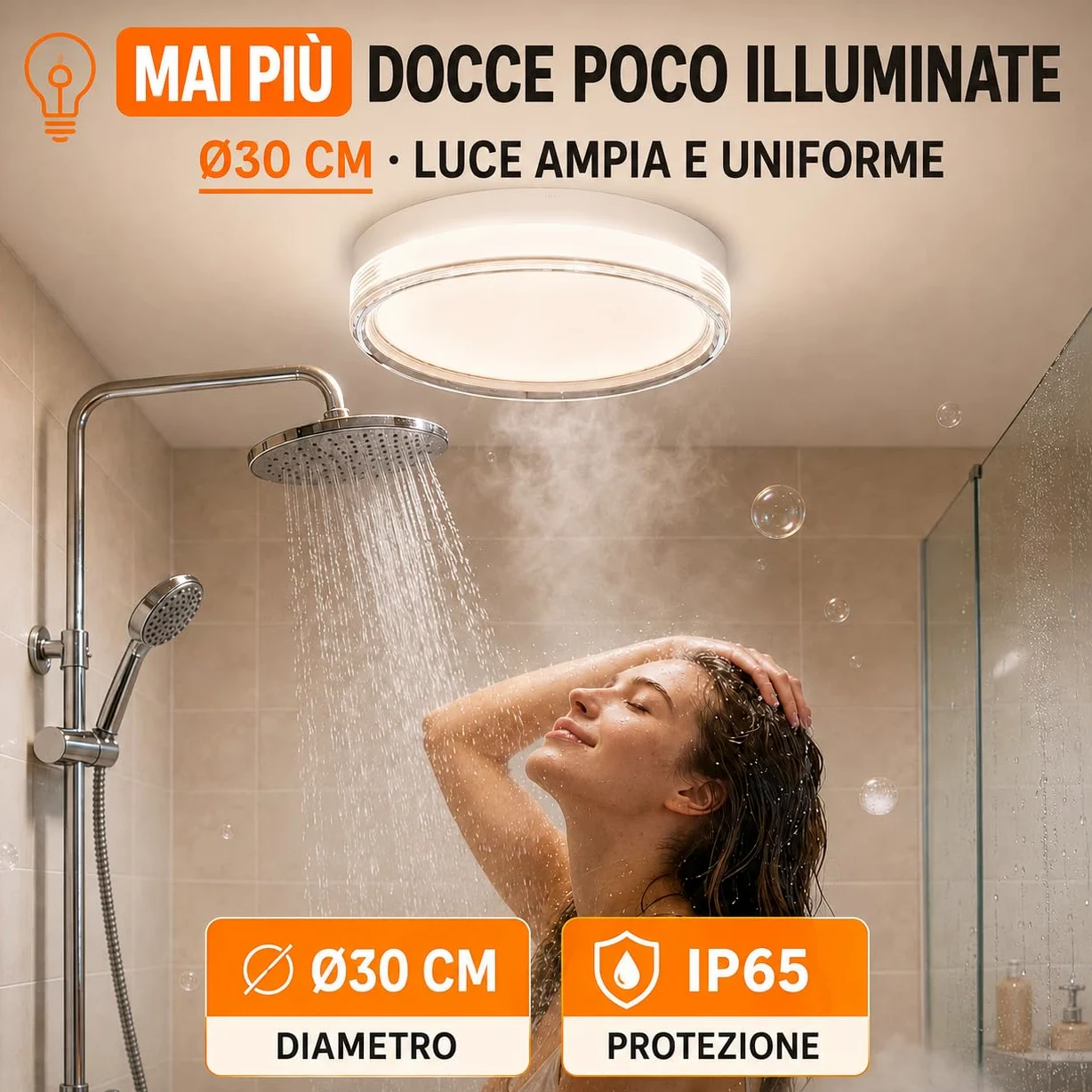 MARSI Plafoniera LED IP65 Ø30 cm 24W, 3 CCT 2800K 4000K 6000K | Bianca, installazione a soffitto o parete, per bagno, corridoio e balcone. Bordo in acrilico trasparente
