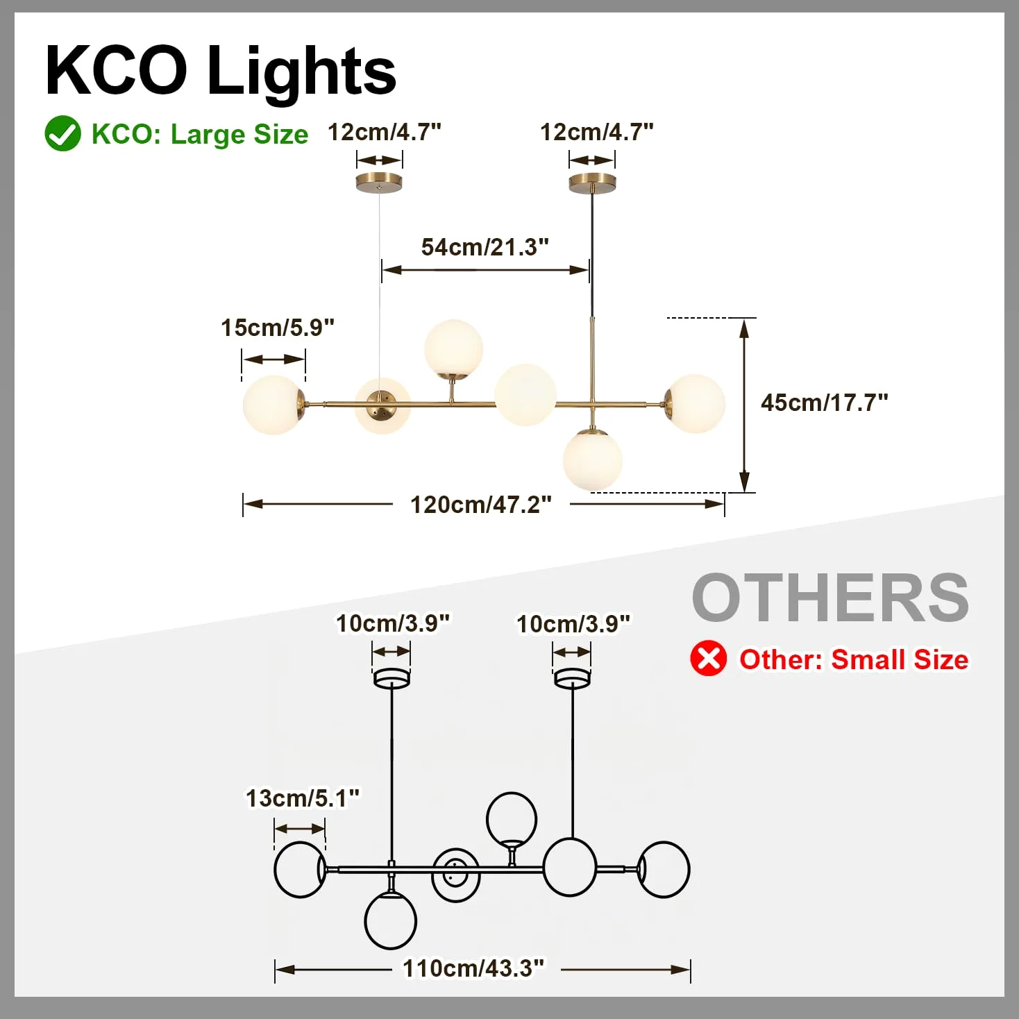 KCO Lighting Lampadario in vetro lattimo a 6 luci, lampadario lineare moderno a globo, lampada a sospensione bianca e oro Lampadario rettangolare di metà secolo per isola cucina