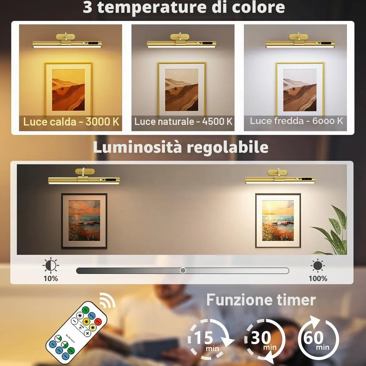 Applique da parete senza fili con Sensore di Movimento, Luce specchio bagno ricaricabile con telecomando e calamita,lampada LED parete per fotografica, muro, interno,wireless wall light