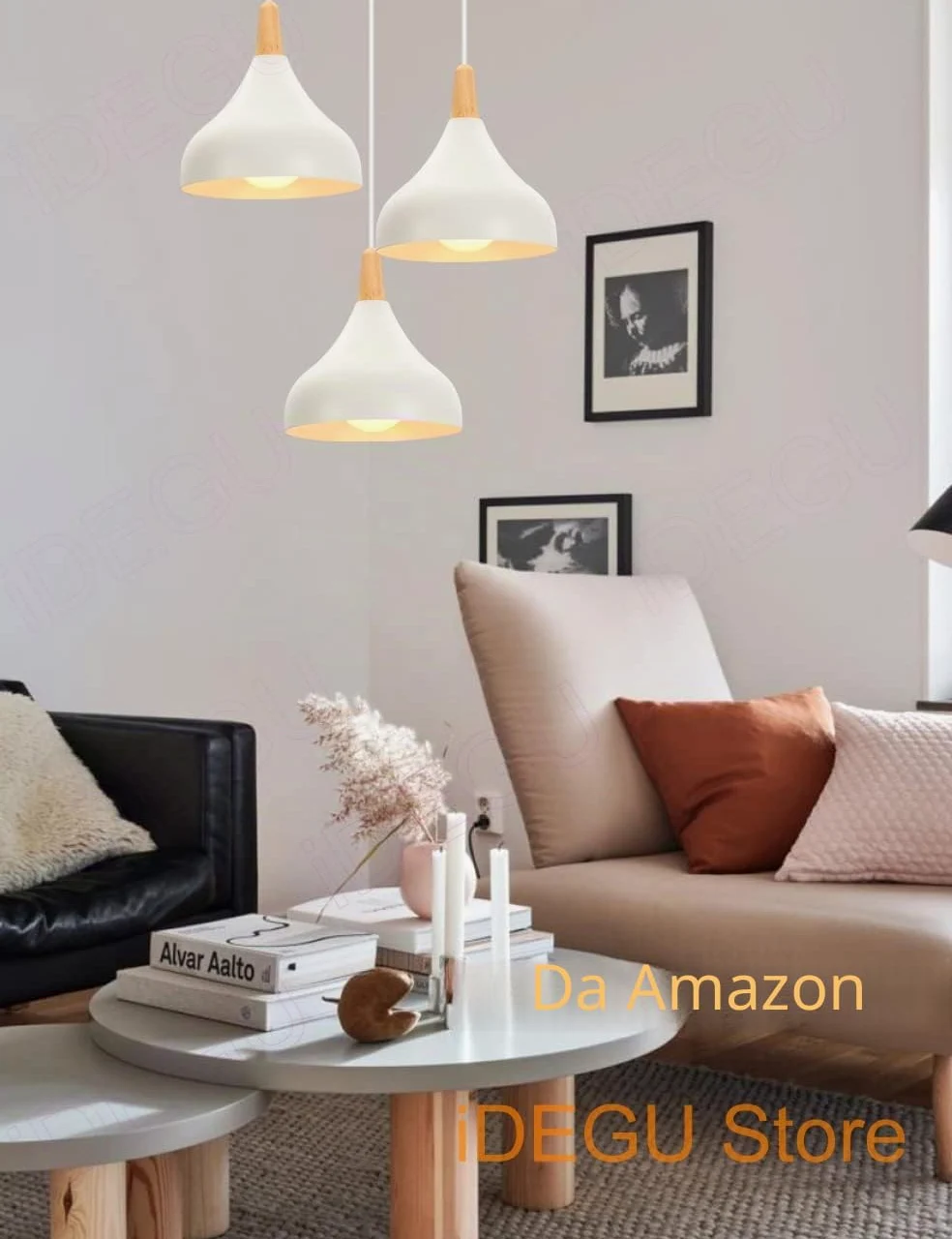 iDEGU 3 Luci Lampadario a Sospensione Retrò LED Lampada a Soffitto in Legna Metallo Moderna Lampada a Sospensione Stile Scandinavo Plafoniera per Soggiorno Camera Sala da Pranzo (Bianco, Rotondo)