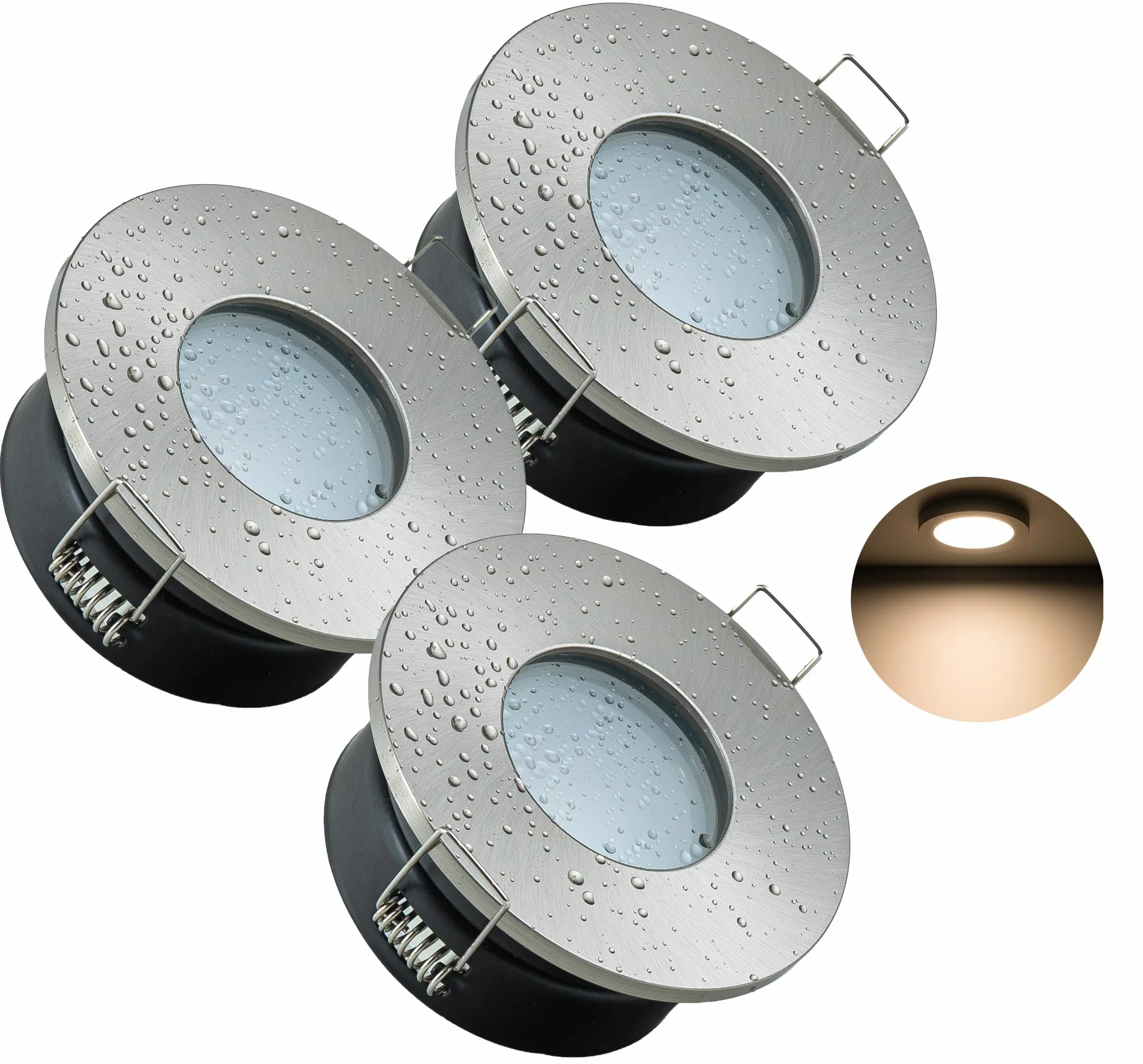 JungesLicht - Faretto da incasso IP65 da 12 V con trasformatore, 3 lampadine LED da 4 W – intercambiabili, foro 68 – 72 mm, esterno 83 mm, profondità 65 mm, set completo, lampada da incasso per bagno
