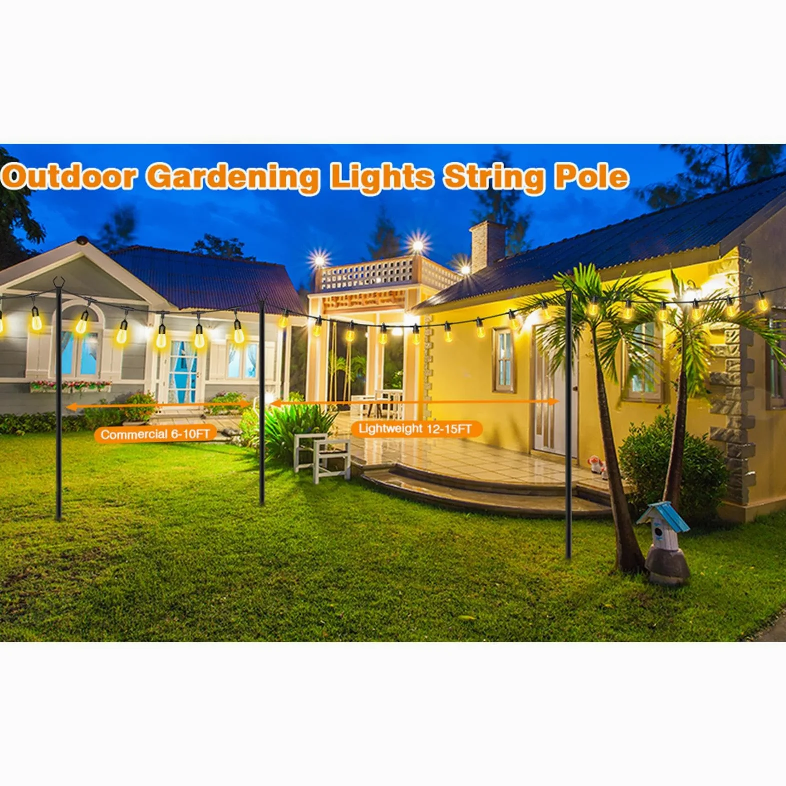 Pali per luci a corda, 2 supporti da giardino, 300 cm, in metallo, per giardino e prato, struttura resistente per patio, cortile, illuminazione esterna e installazione