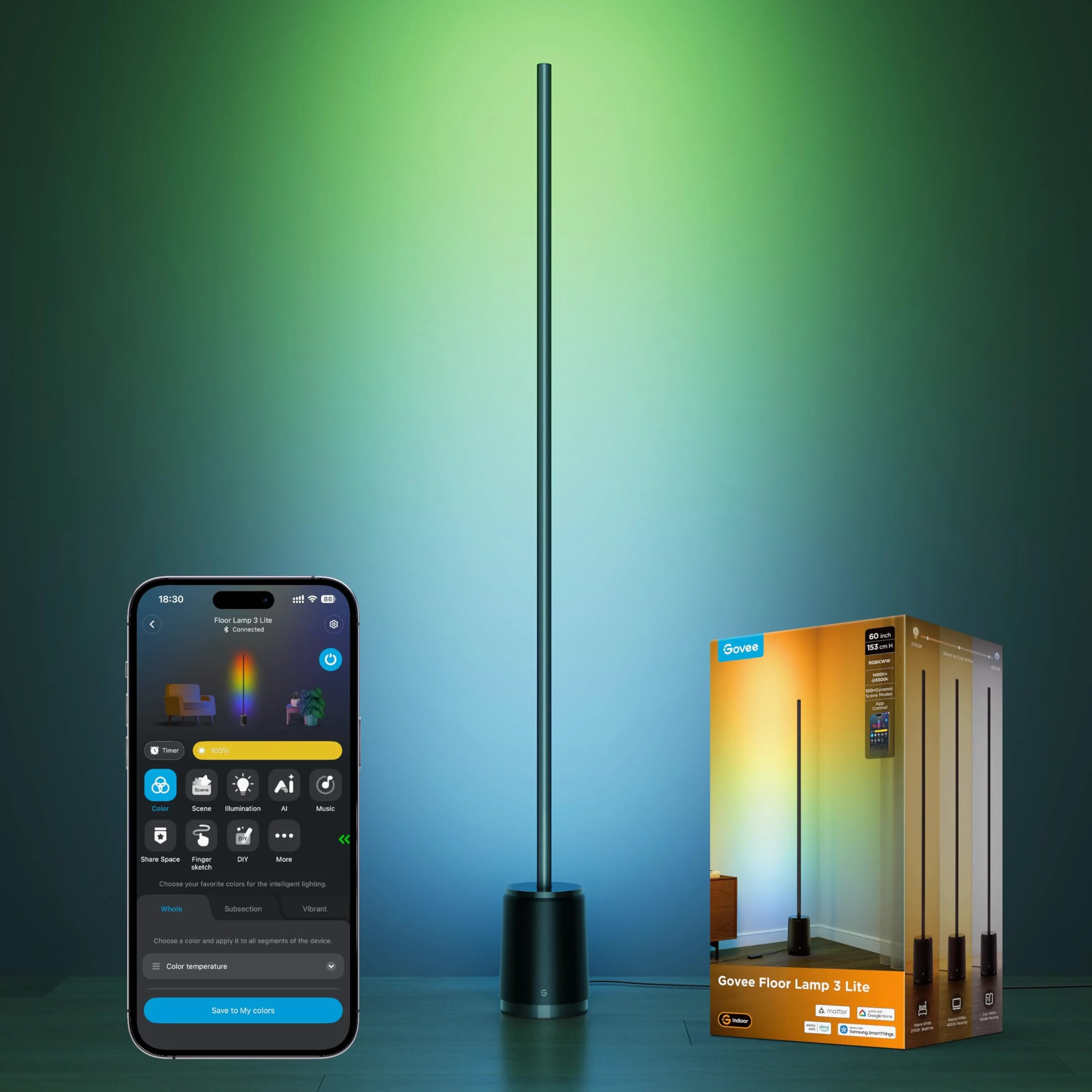 Govee Lampada da Terra 3 Lite RGBICWW, 1400lm Lampada da Terra Salotto e Camera da Letto, 152cm Piantana Moderna con Sincronizzazione Musicale, 105+ Scene, Compatibile con Alexa Matter, Nero