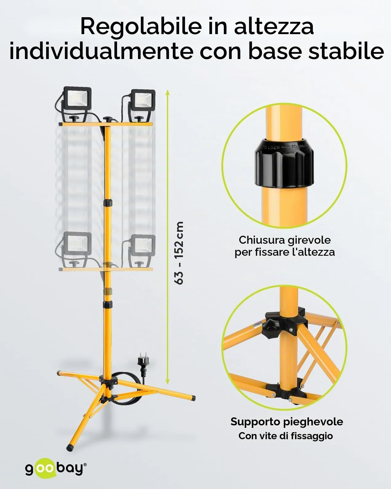 Goobay 57845 Faretto da costruzione a LED su stativo telescopico 2 x 20W / 3400lm / Luce bianca neutra - 4000K / Per uso interno ed esterno - IP65 / Nero/Giallo