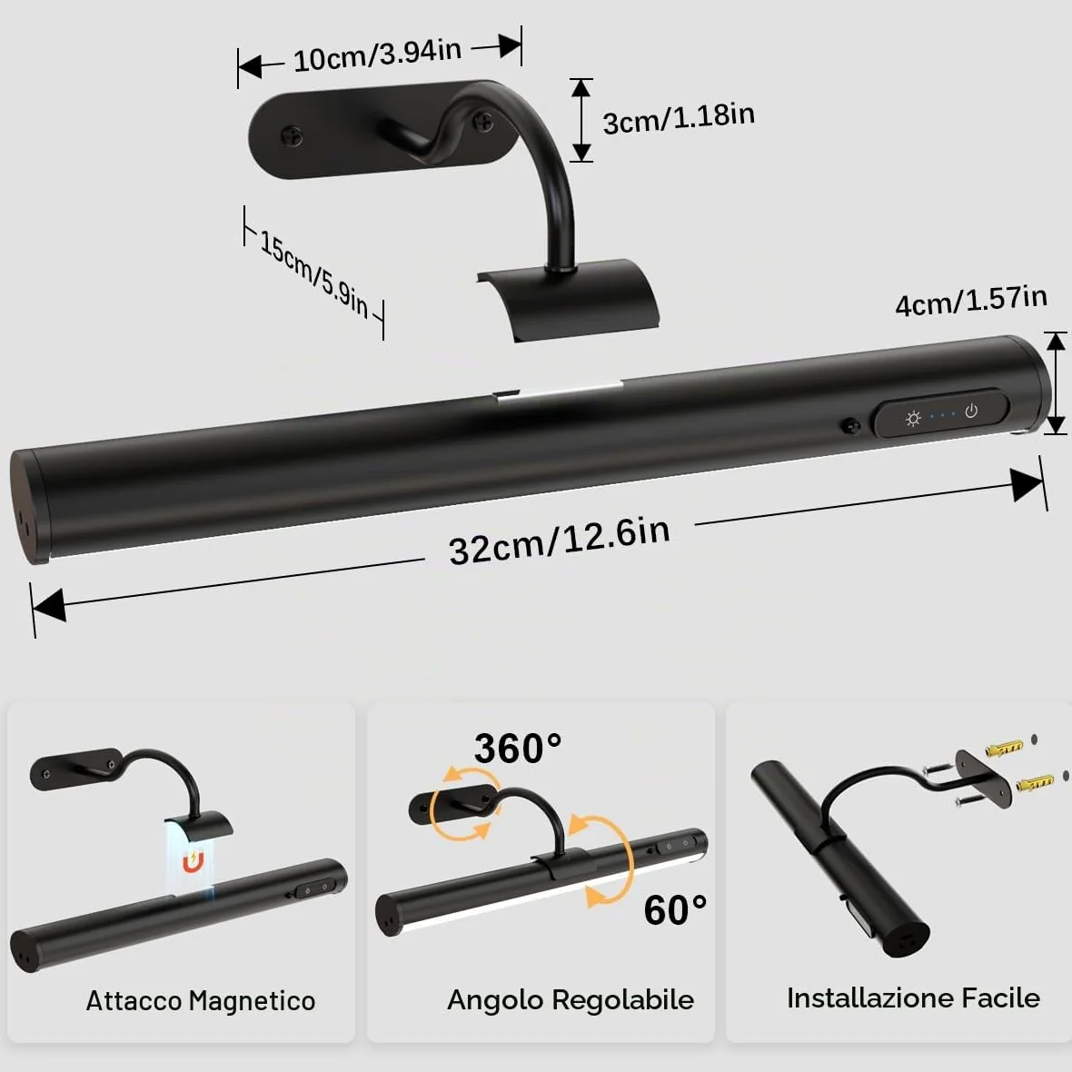 Luce LED specchio bagno senza fili, 4000mAh applique ricaricabile usb con telecomando e calamita, lampada parete batteria senza fili per quadro, muro, trucco, specchio bagno