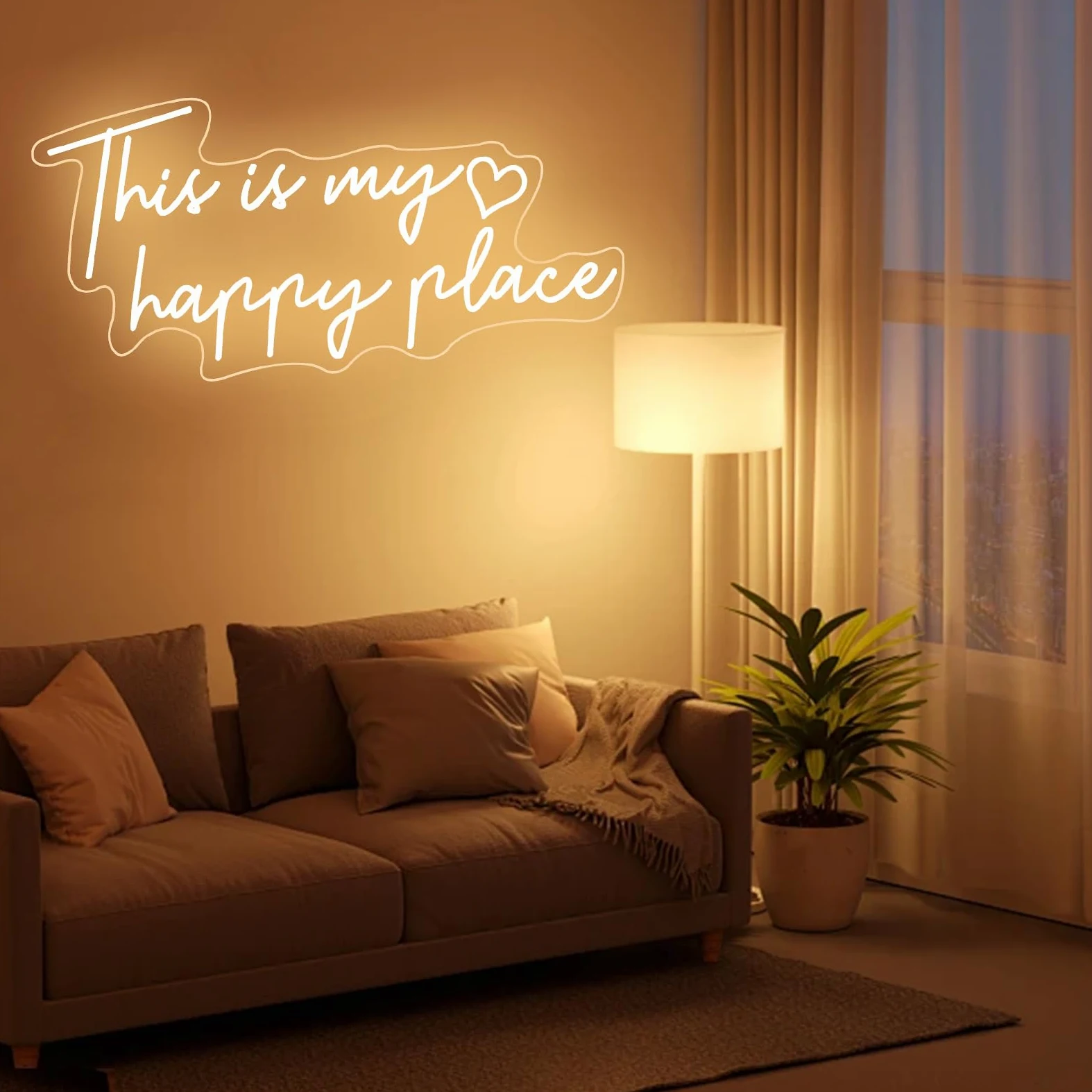 Segnale al neon con testo in inglese "This is My Happy Place", luce LED bianca calda, decorazione estetica per camera da letto per adolescenti, segnali luminosi al neon per camera da letto, soggiorno
