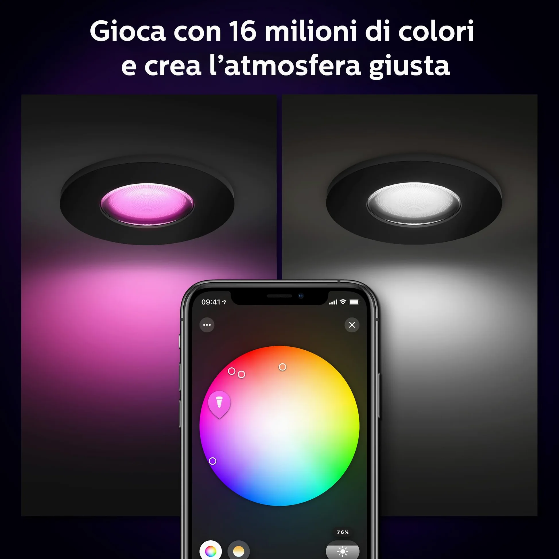 Philips Hue Xamento, Faretti da incasso LED smart, Confezione da 3, Nero | Luce bianca e colorata, Dimmerabile, 16 milioni di colori, Smart Home, Controllo vocale e via app, Per bagno, GU10