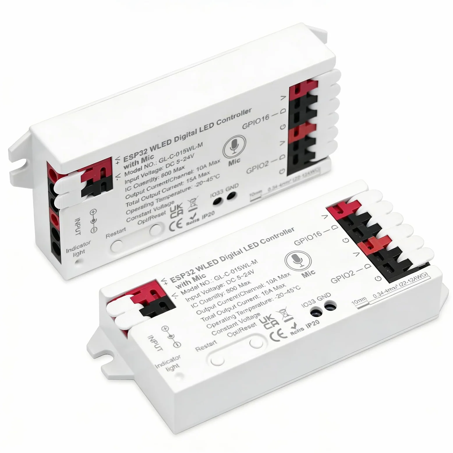 Confezione da 2 controller WLED con microfono: ESP32 DC 5V-24V Digital LED Strip Controller per striscia LED indirizzabile Digital RGB IC WS2811 WS2812B SK6812 WS2815 RGBW striscia LED indirizzabile