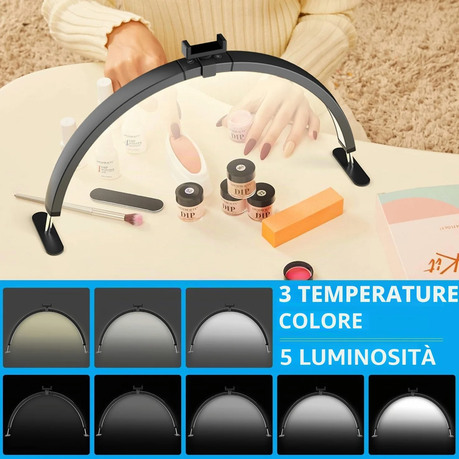 Lampada Extension Ciglia Rimovibile Lampada Tavolo A Led A Mezzaluna Lampada Tavolo Per Unghie Da Tavolo Con Porta Cellulare Lampada Di Bellezza A Mezzaluna (A White, 29IN)