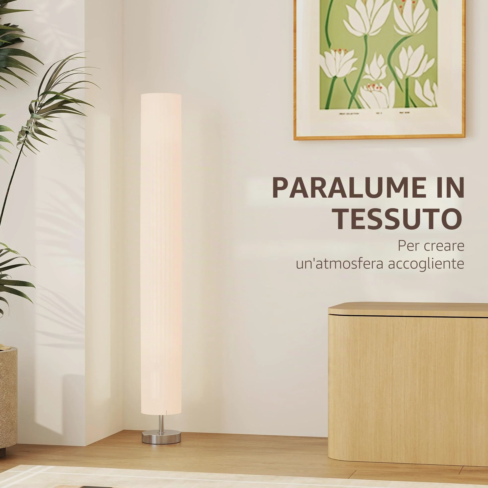HOMCOM Lampada da terra soggiorno paralume poliestere, 2x E27 | Lampada da terra con interruttore a pedale, base in acciaio, lampada a stelo per camera da letto, ufficio.