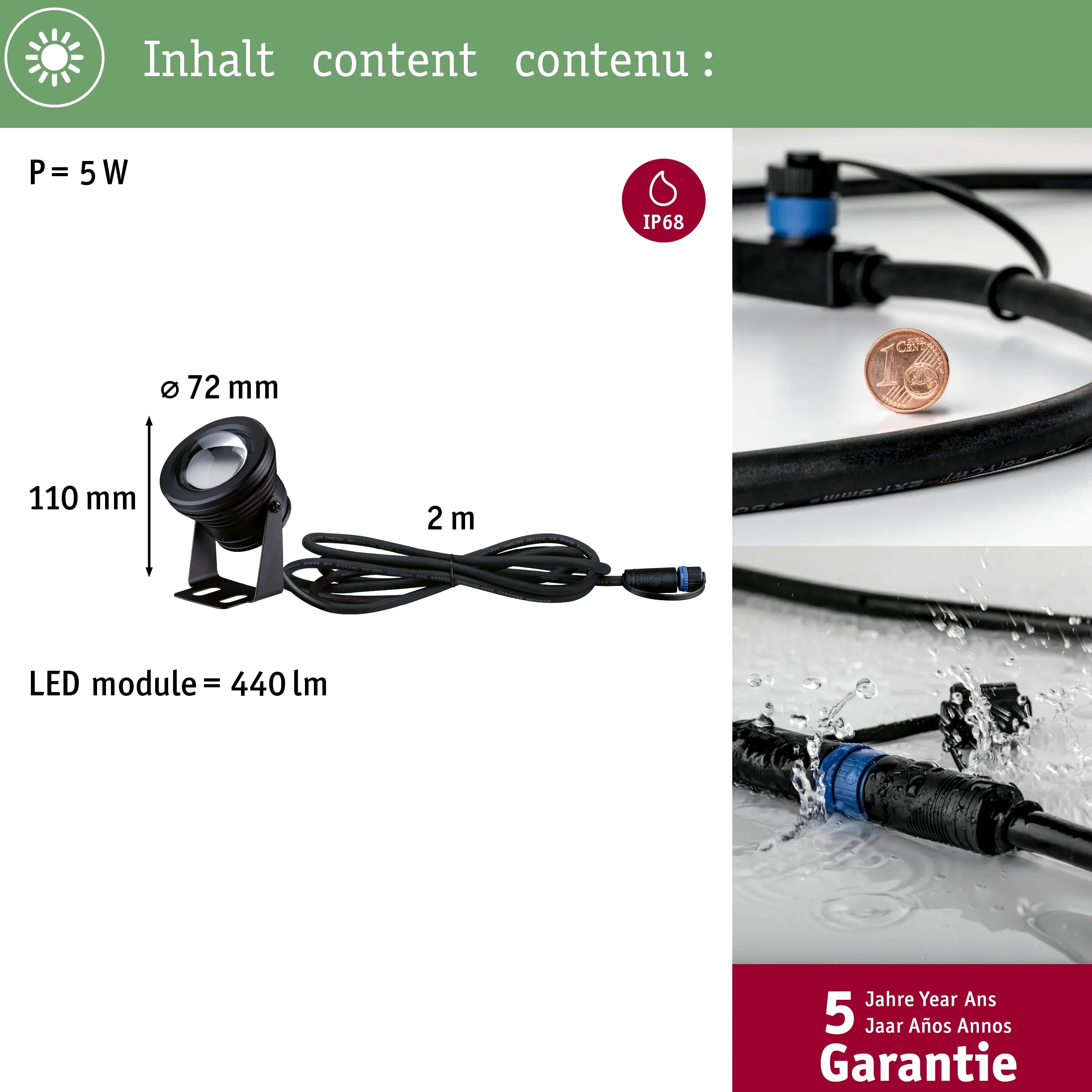 Paulmann Plug & Shine 94559 - Faretto LED per esterni, IP68, incl. 1 lampadina da 5 W, dimmerabile, bianco caldo e nero, in alluminio, 3000 K
