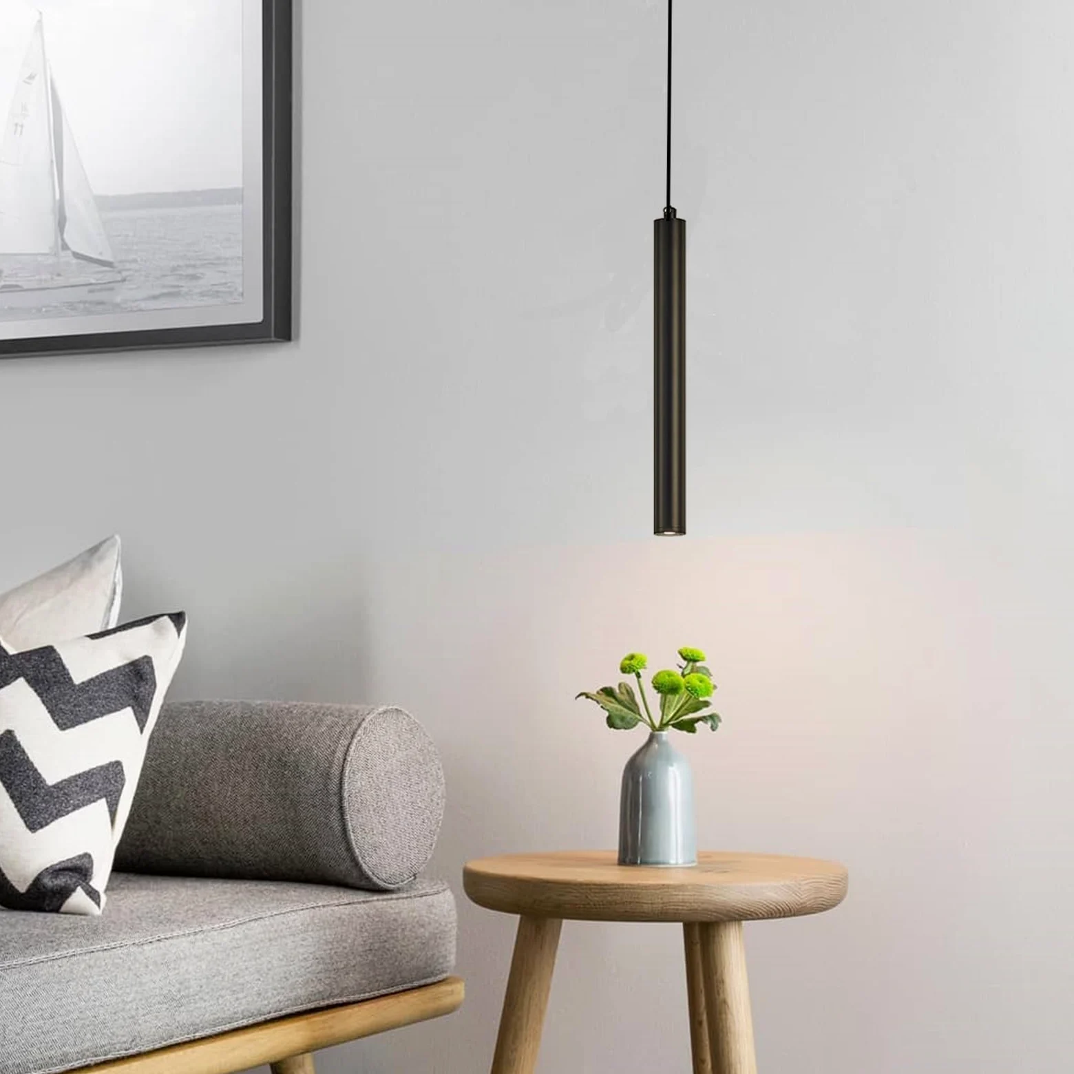 Lampada a Sospensione Comodino Camera da Letto, 2 Pezzi lampadario led a cilindro Nero, Regolabile In Altezza lampada a sospensione moderna per cucina soggiorno tavolo da letto 30cm (2)