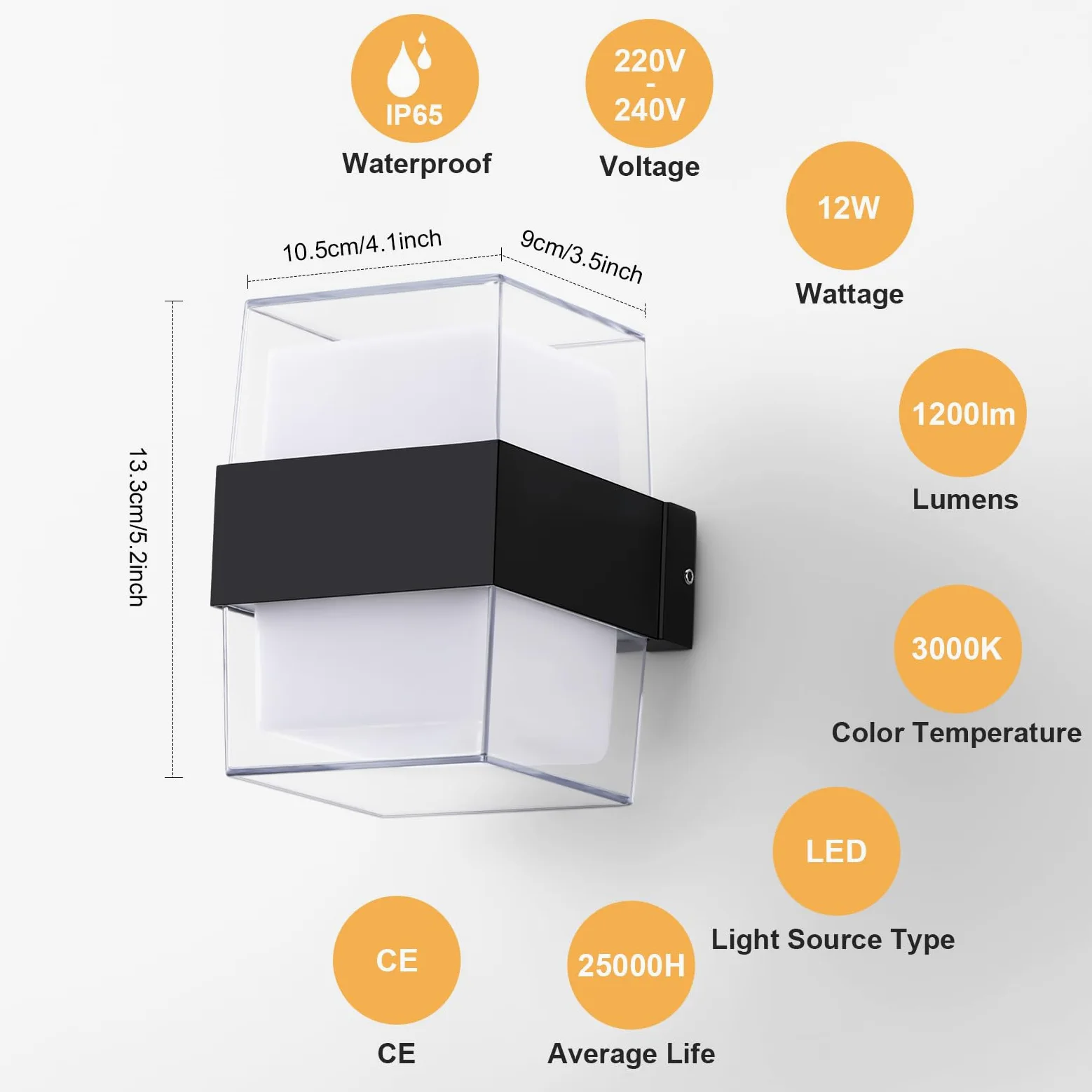 12W Applique da Parete LED Interno, IP65 Lampada da Esterno a Parete Moderna, 1200LM 3000K Up-and-Down Illuminazione, Luce Bagno da Muro per Soggiorno, Camera da Letto, Balcone, Nero 2 Pezzi