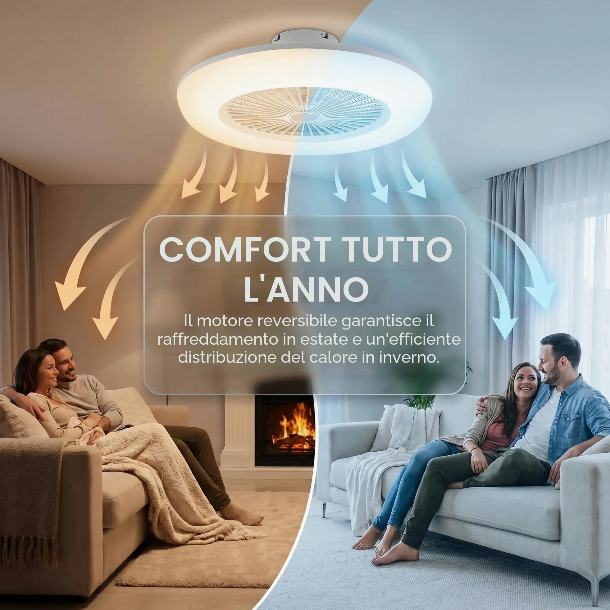 Fiqops Ventilatore da soffitto con illuminazione e telecomando 80 W, Wi-Fi Ø 55 cm, 6 velocità, dimmerabile, timer, funzionamento estivo invernale per camera da letto, soggiorno