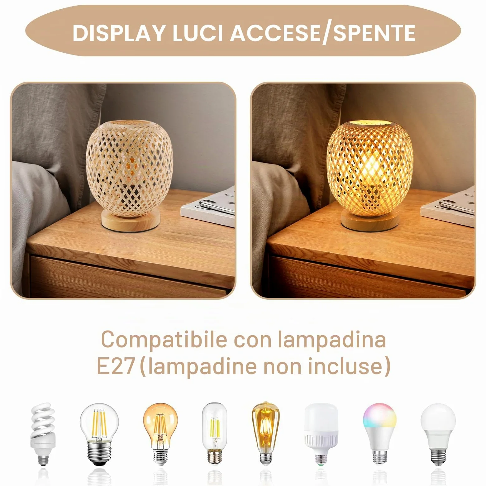 Dorlink Lampada da Tavolo Bambù, E27 Lampada da Scrivania Dimmerabile, Abat Jour da Comodino Vintage, Lampada da Comodino Creativo, Luce Notturna per Camera, Sala Studio (Senza Bulbo)