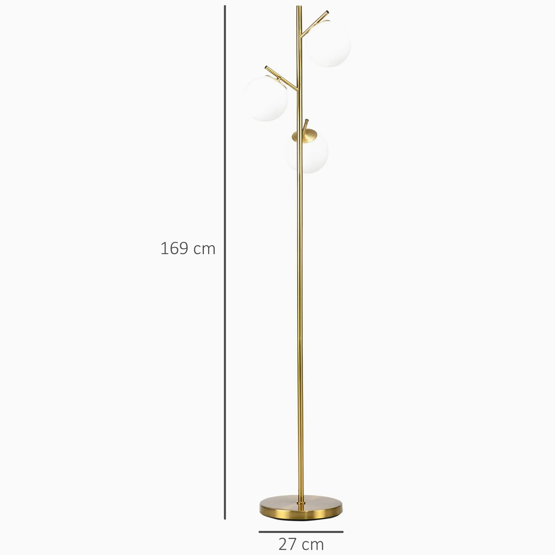 HOMCOM Lampada da Terra Moderna con 3 Punti Luce, Lampada a Piantana in Metallo e Vetro, Ø27x169cm, Oro